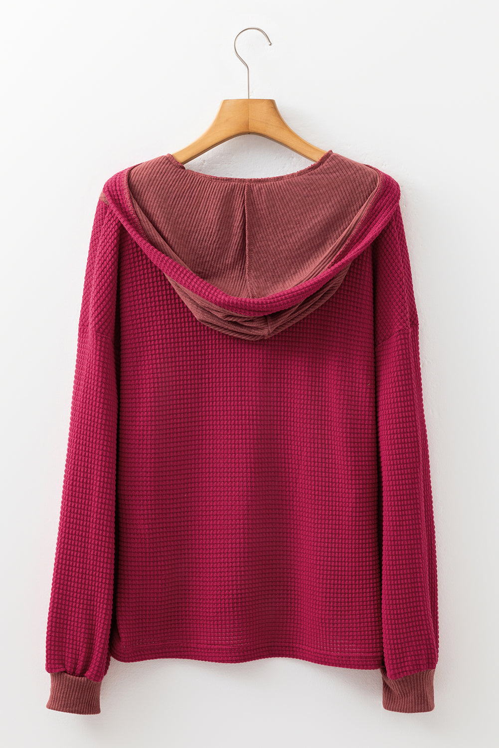 Patchwork Drop-Shoulder Waffle Drop-Shoulder Hooded Long-Sleeved Top in Red