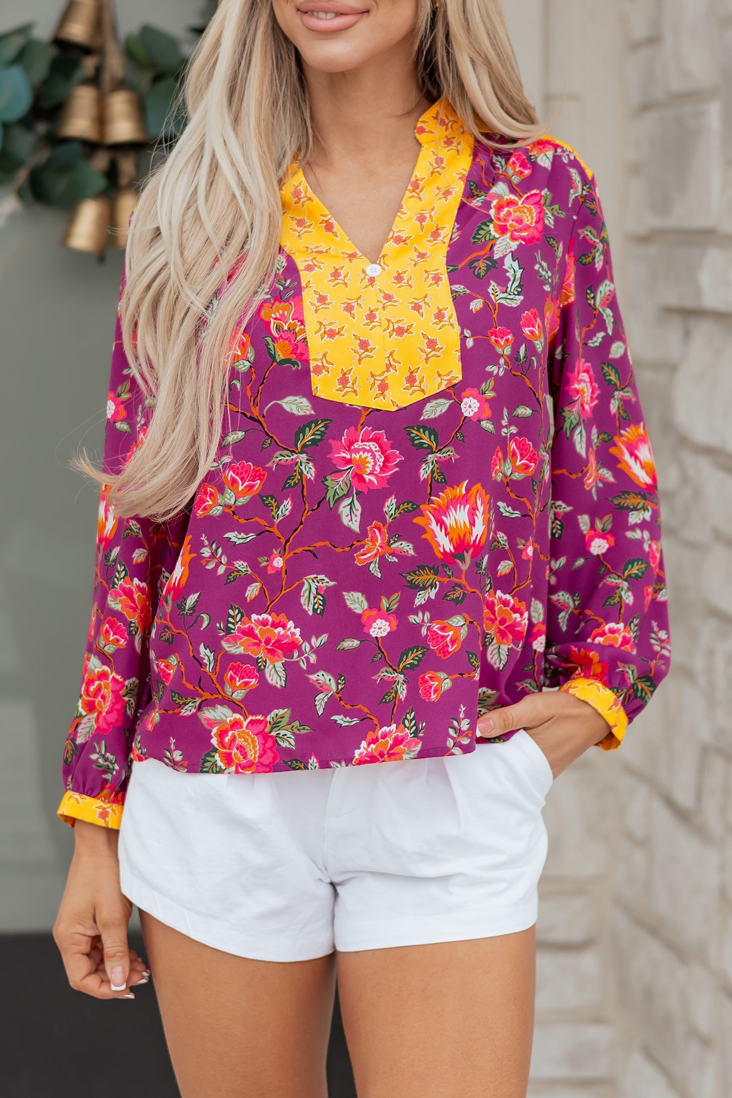 Contrast V-Neck Placket Split Floral Blouse