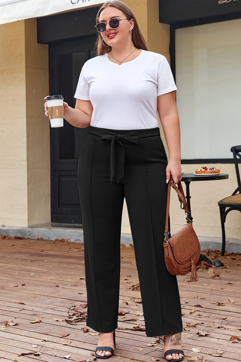 Knot Plus Size Waist Textured Shift Pants in Black