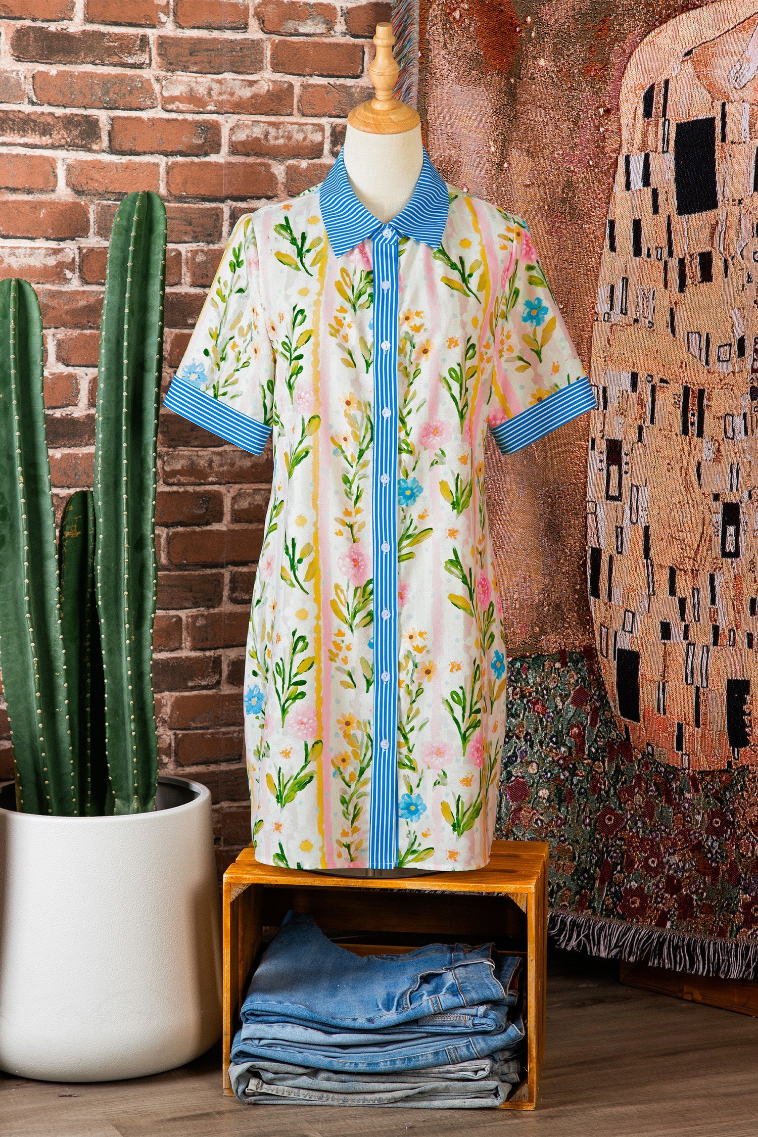 Polished Striped Multicolour Floral-Print Trim Button Down Shift Dress