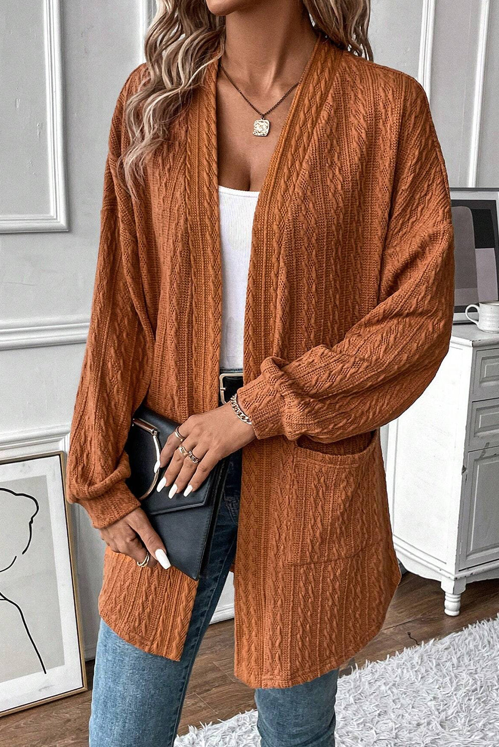 Knit Side Textured Side Pockets Open-Front Cardigan in Chestnut