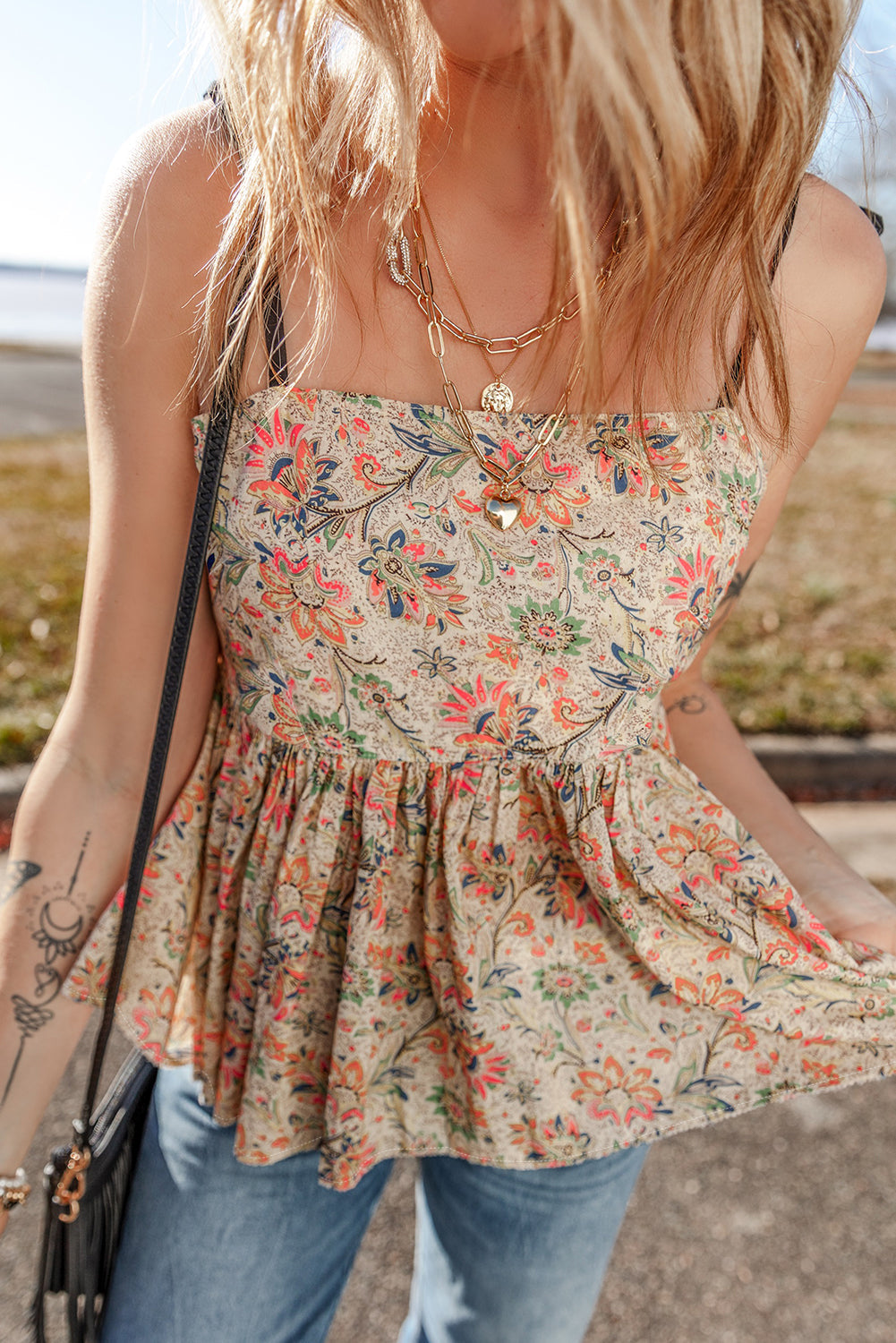 Floral Print Spaghetti Straps Ruffled Peplum Tank Top