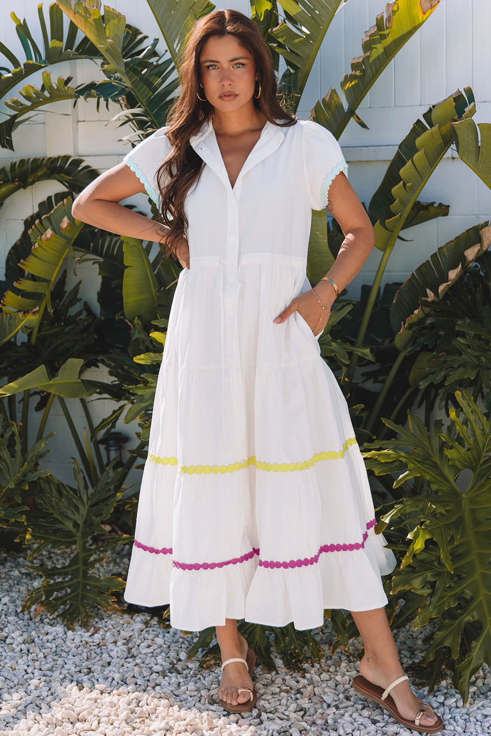 White Colorblock Rickrack Trim Long Dress