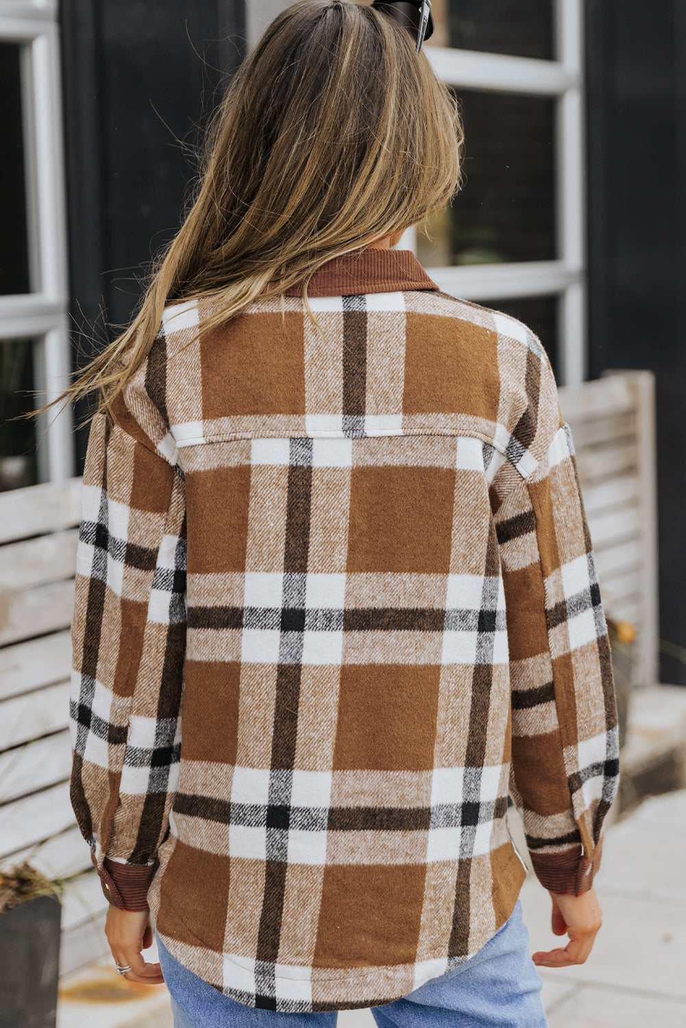 Shirt Jacket for Women Button-Front Plaid Pocket-Detail