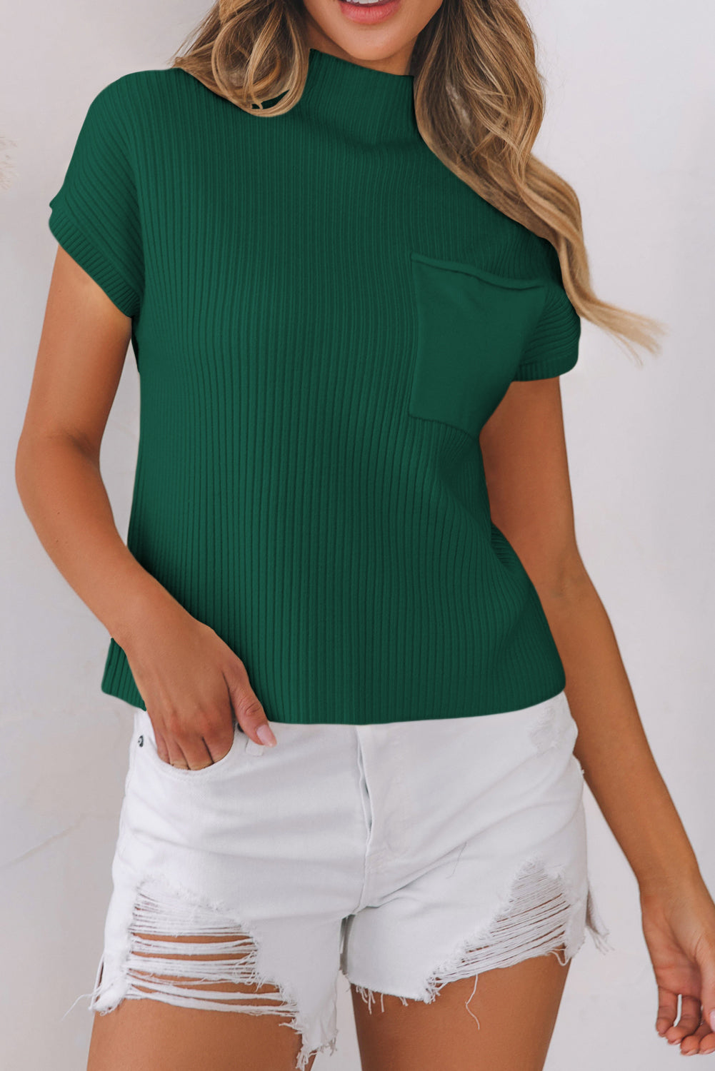 Green Patch Pocket Ribbed Knit Short Sleeve Sweater