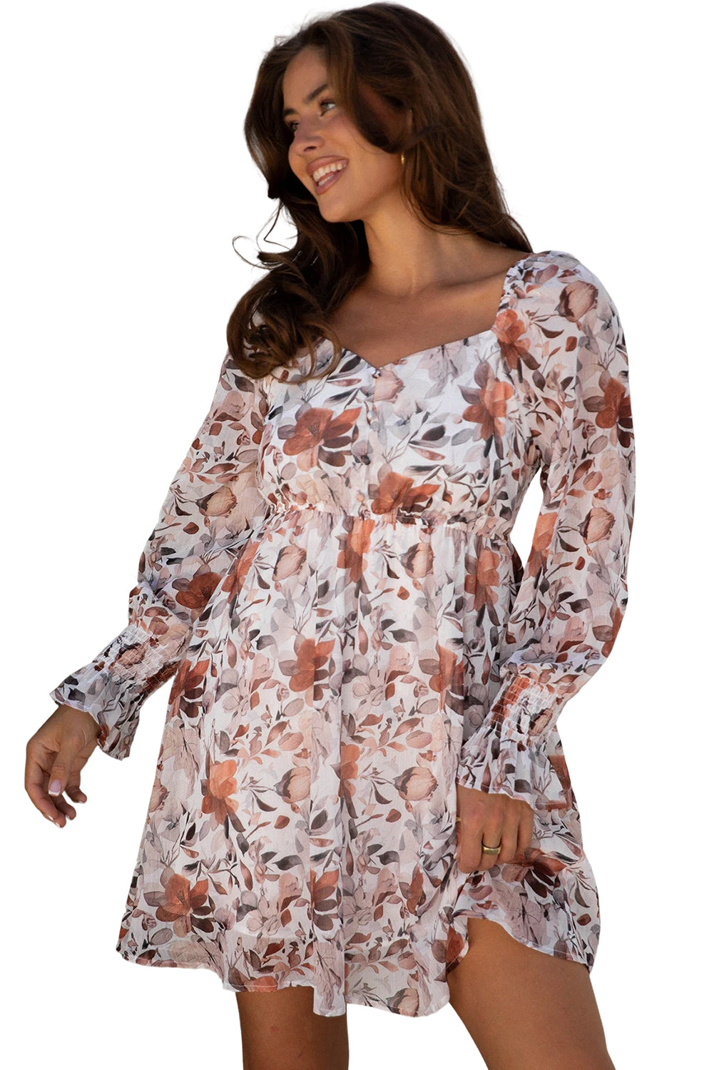 Sweetheart Neck Floral-Print Neck Long-Sleeved High-Waisted Mini Dress