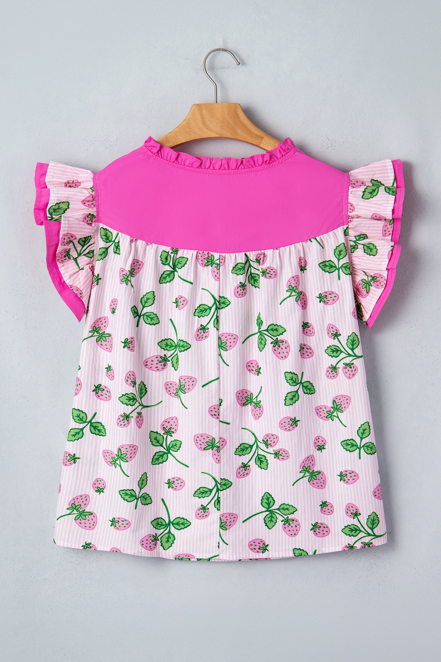Printed Striped Strawberry Colorblock Patchwork V-Neck Flutter Sleeve Blouse