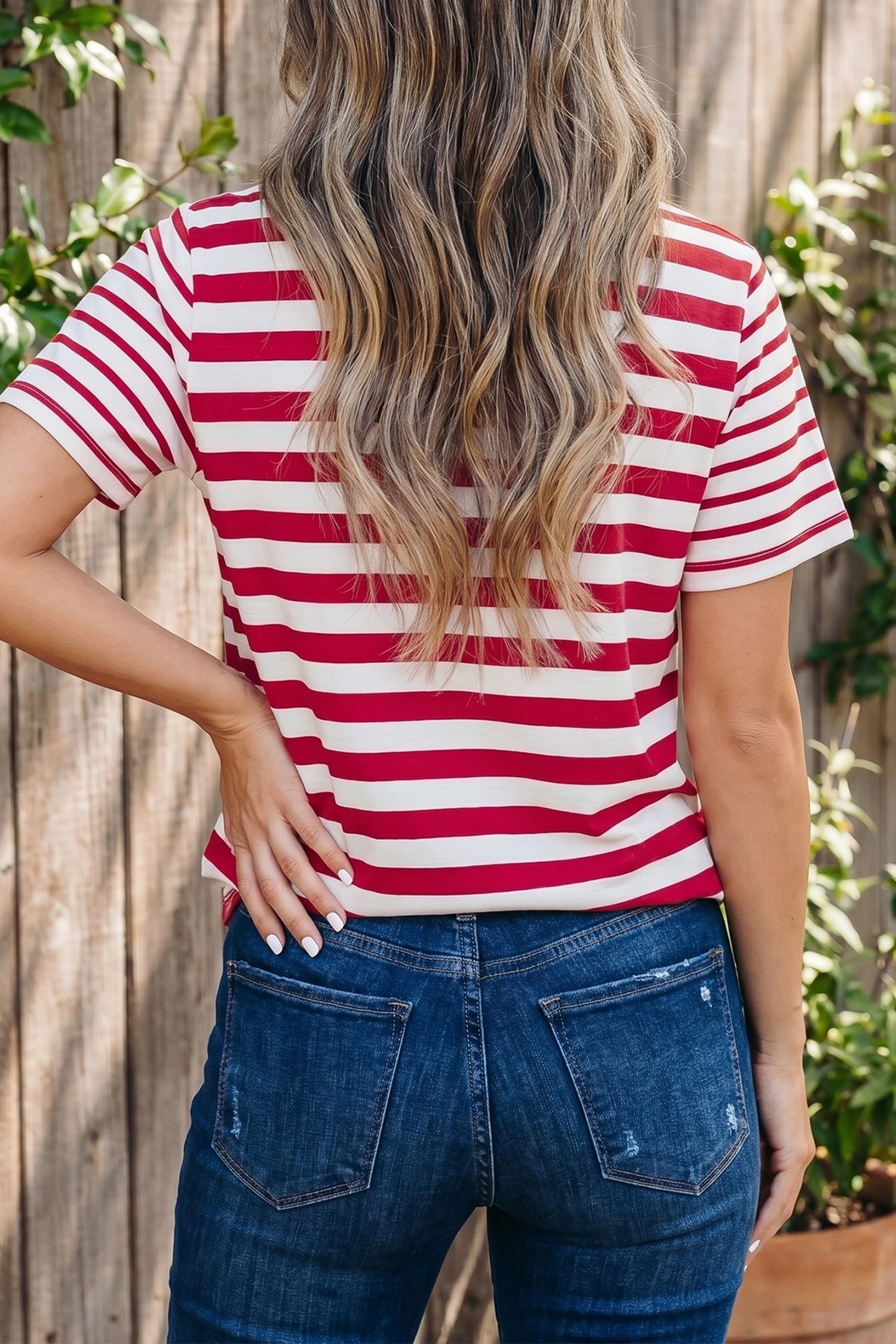 Stripe Patchwork Round-Neck Short-Sleeved T Shirt in Red