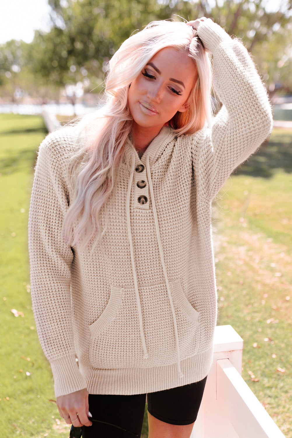 Women's Hooded Sweater with Buttons Waffle Knitted