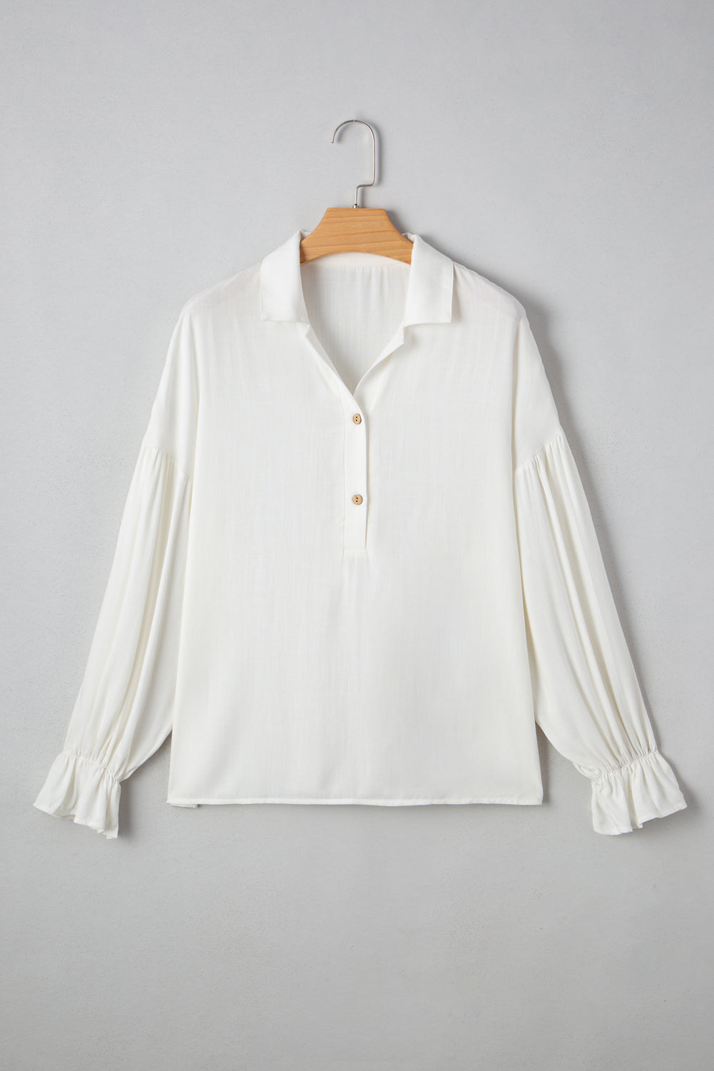 Elastic Cuffs Ruffle Cuffs Puffy Long-Sleeved Button Down Shirt in White