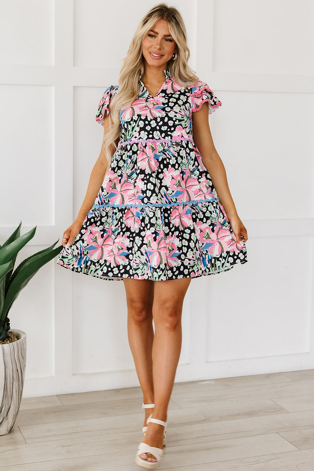 Women's Dresses with Embellished Layered Mini Floral-Print