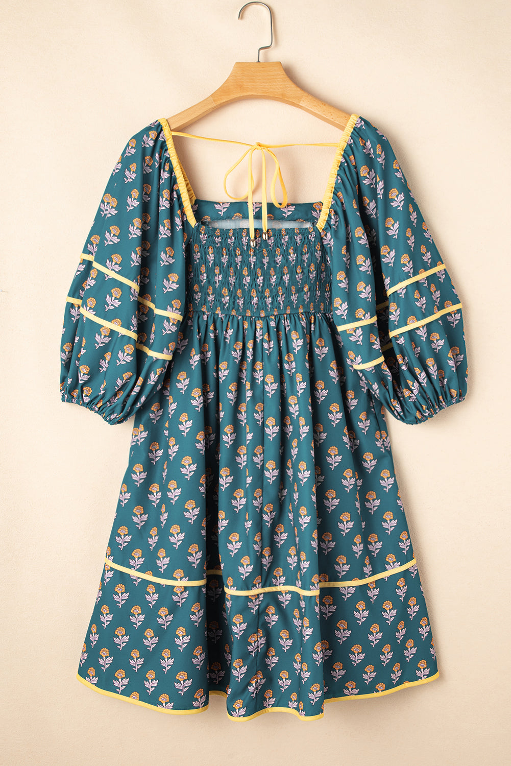 Floral Contrast Trim Square Neck Puff Sleeve Dress