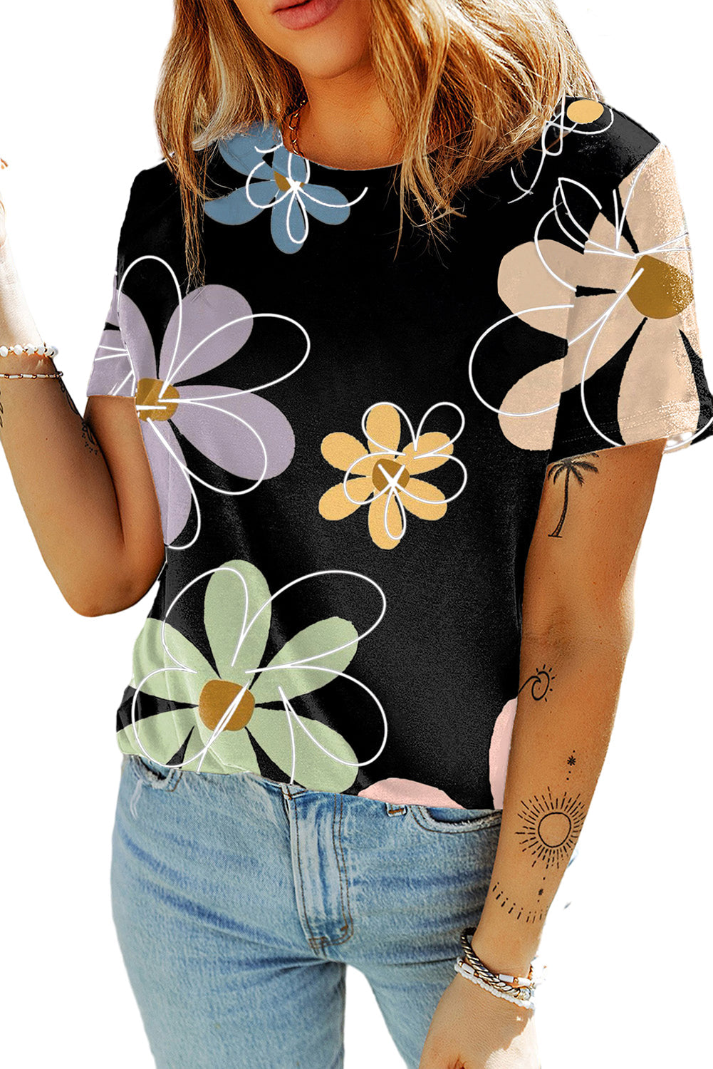 Women's Round Neck Flower Everyday T Shirt