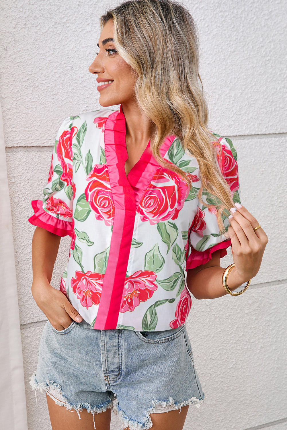 Frilled V-Neck Floral V-Neck Short-Sleeved Blouse Top