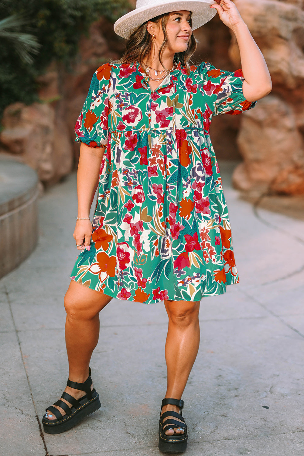 Women's Dress Featuring Plus Size Tie Neck Babydoll