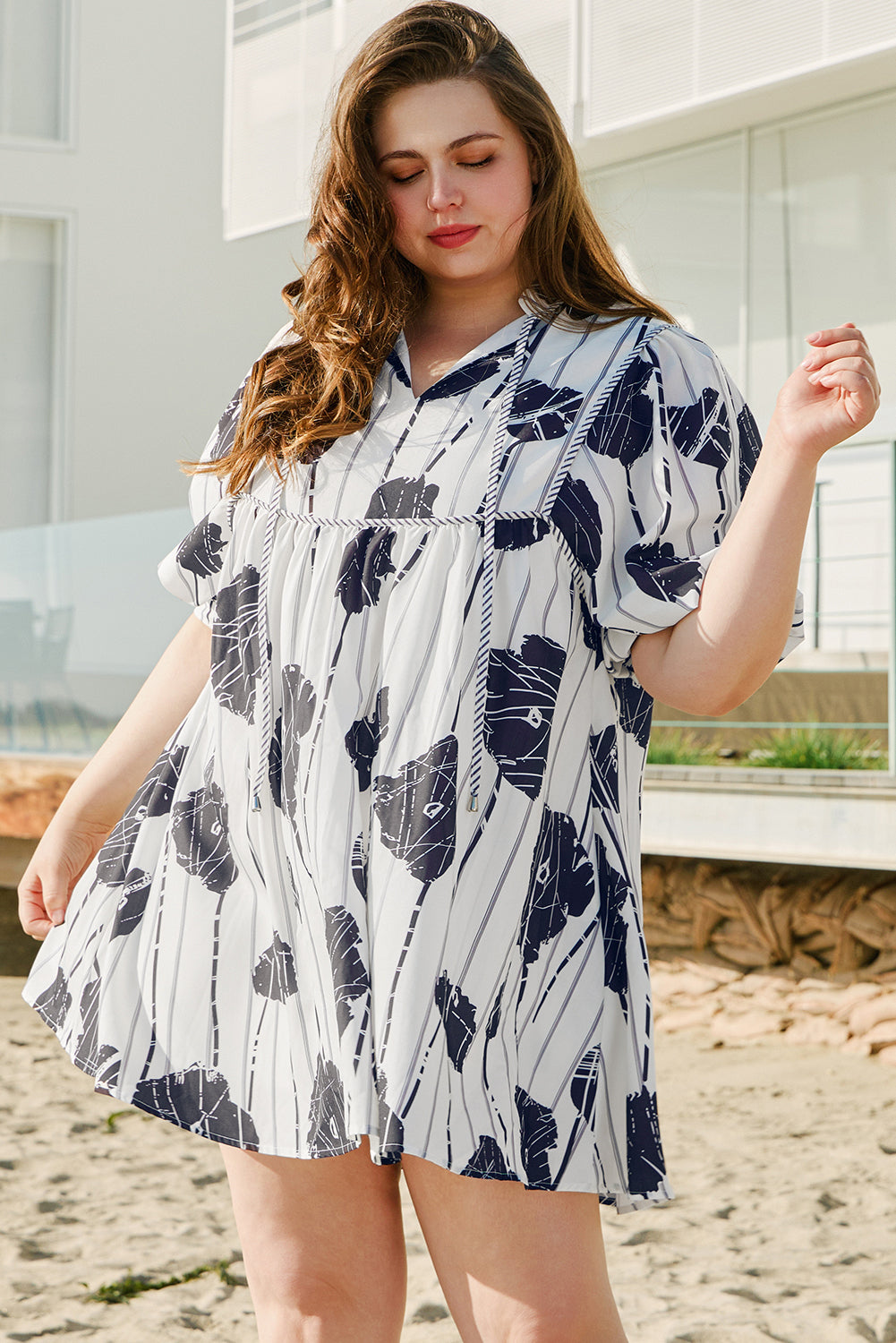 Plus Size Floral Lace-up Neck Mini Dress