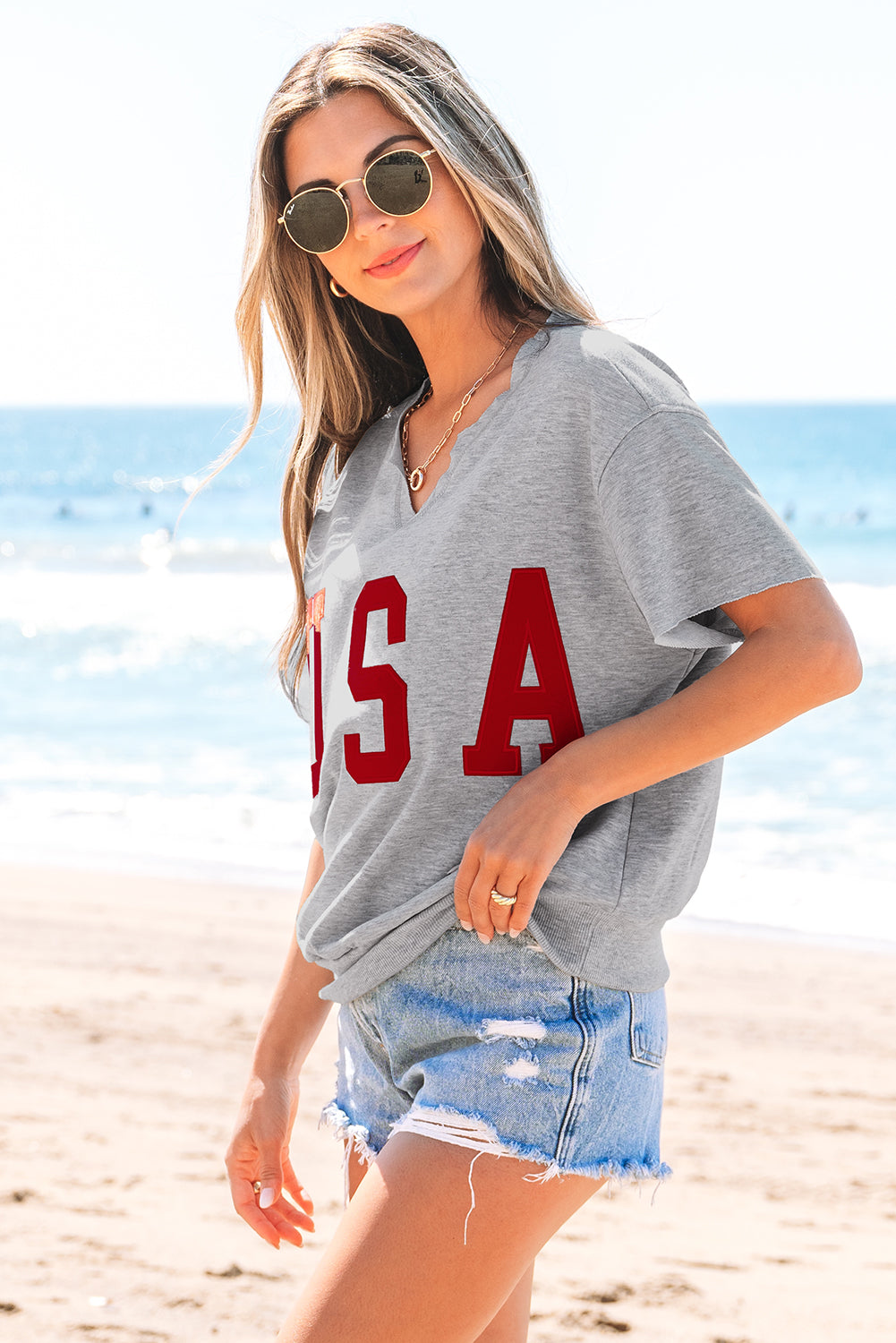 Gray USA Lettering Patch Notched Neck Loose Tee