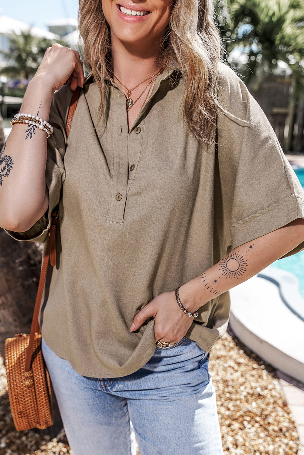 Top for Women Collared Half Folded Oversize