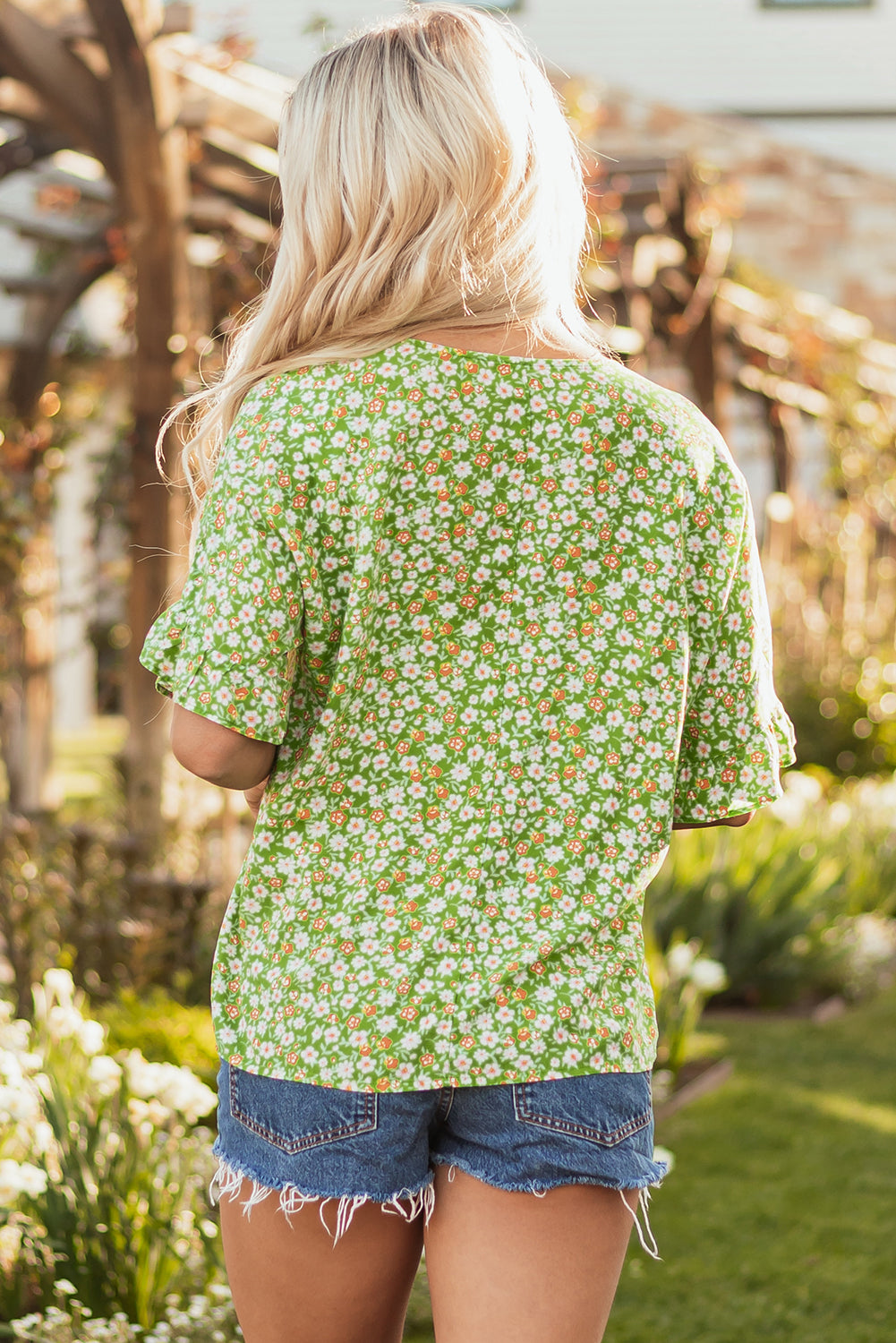 Floral-Print V-Neck Ruffle Sleeve Blouse Top