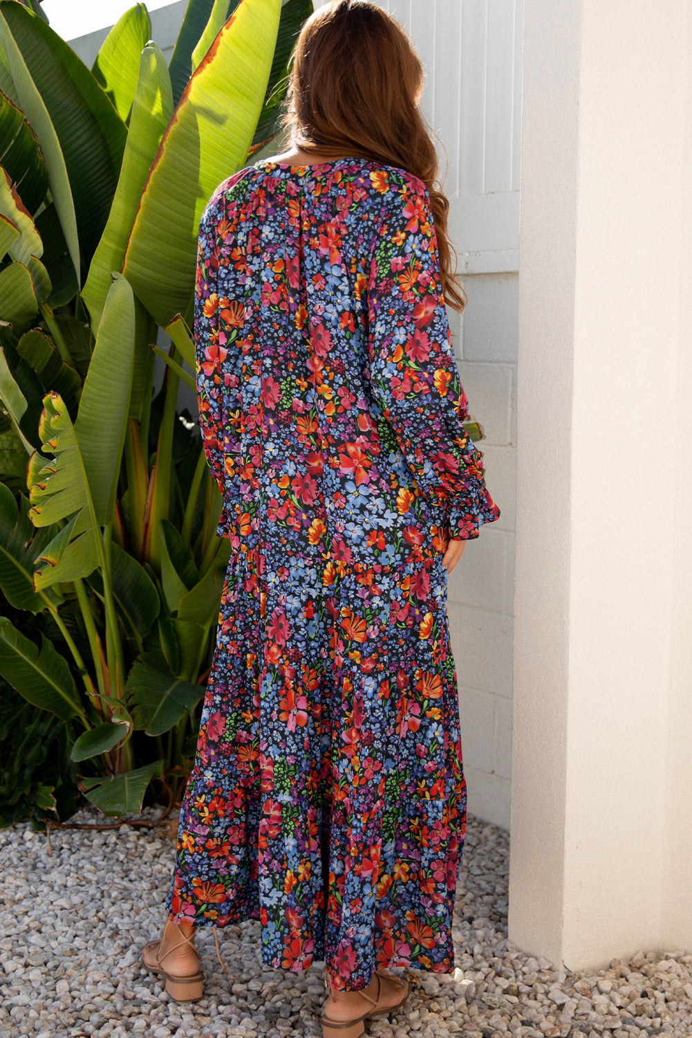 Floral-Print V-Neck Tassel Tie Long-Sleeved Flowy Long Dress