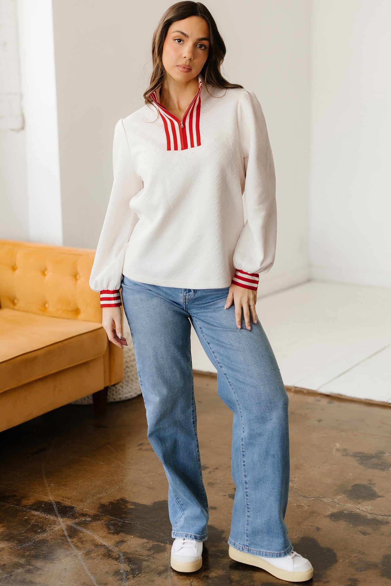 Contrast Textured Knit Striped Accent Zip Collar Pullover Top