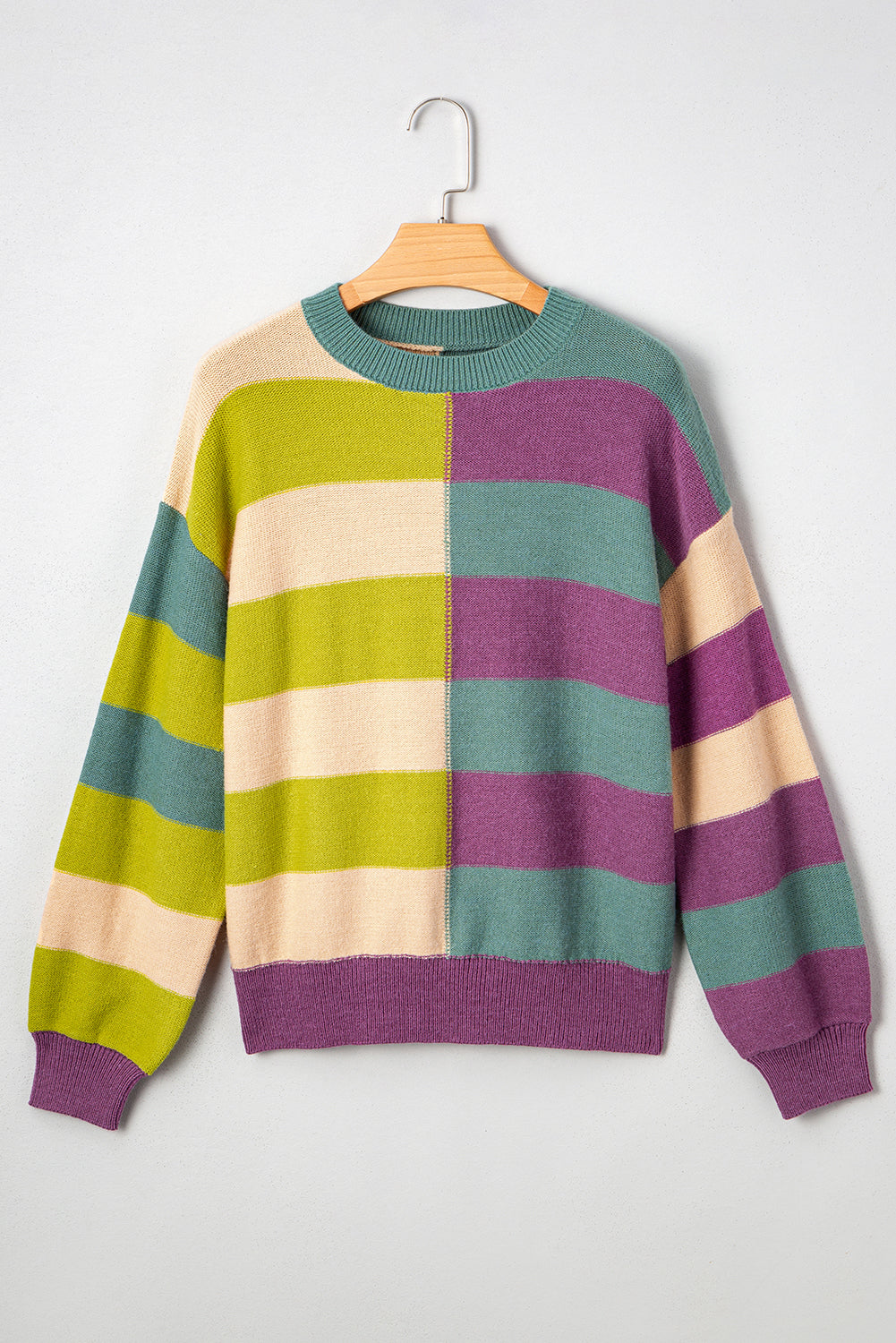 Drop-Shoulder Rib-Knit Stripe Rib-Knit Edge Everyday Knit Top in Green