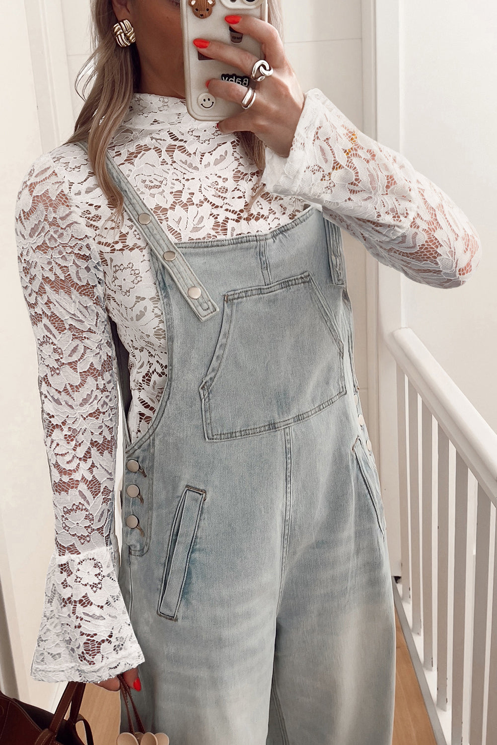 Lace Crochet Bell Sleeve Mock-Neck Blouse