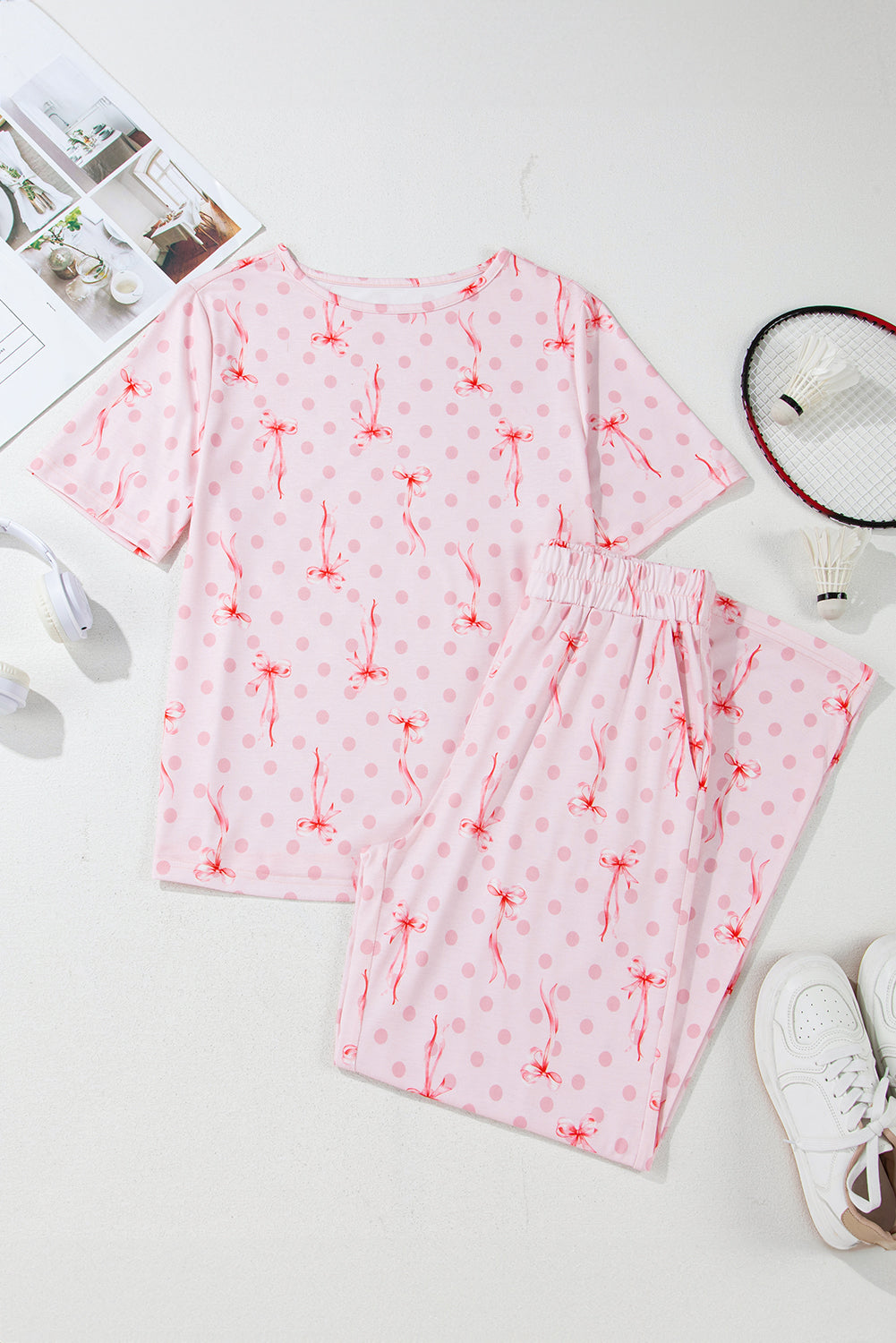 Bow Knot Polka-Dot Print Short-Sleeved Top Lounge Set