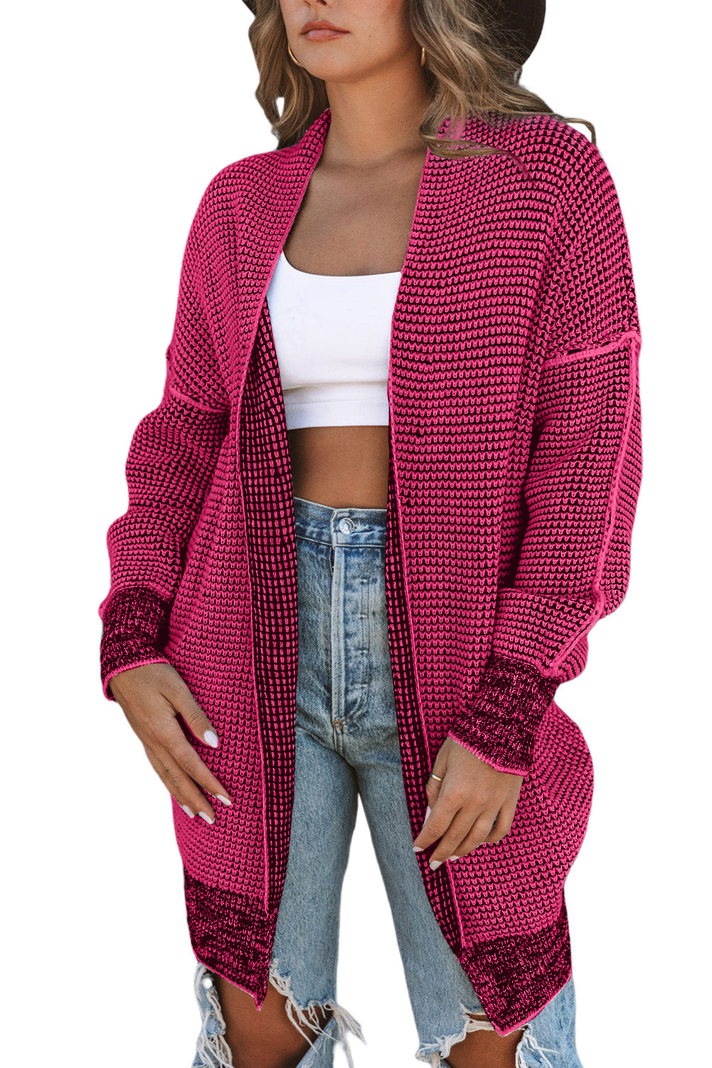 Women's Rose Plaid Knitted Long Open Front Cardigan