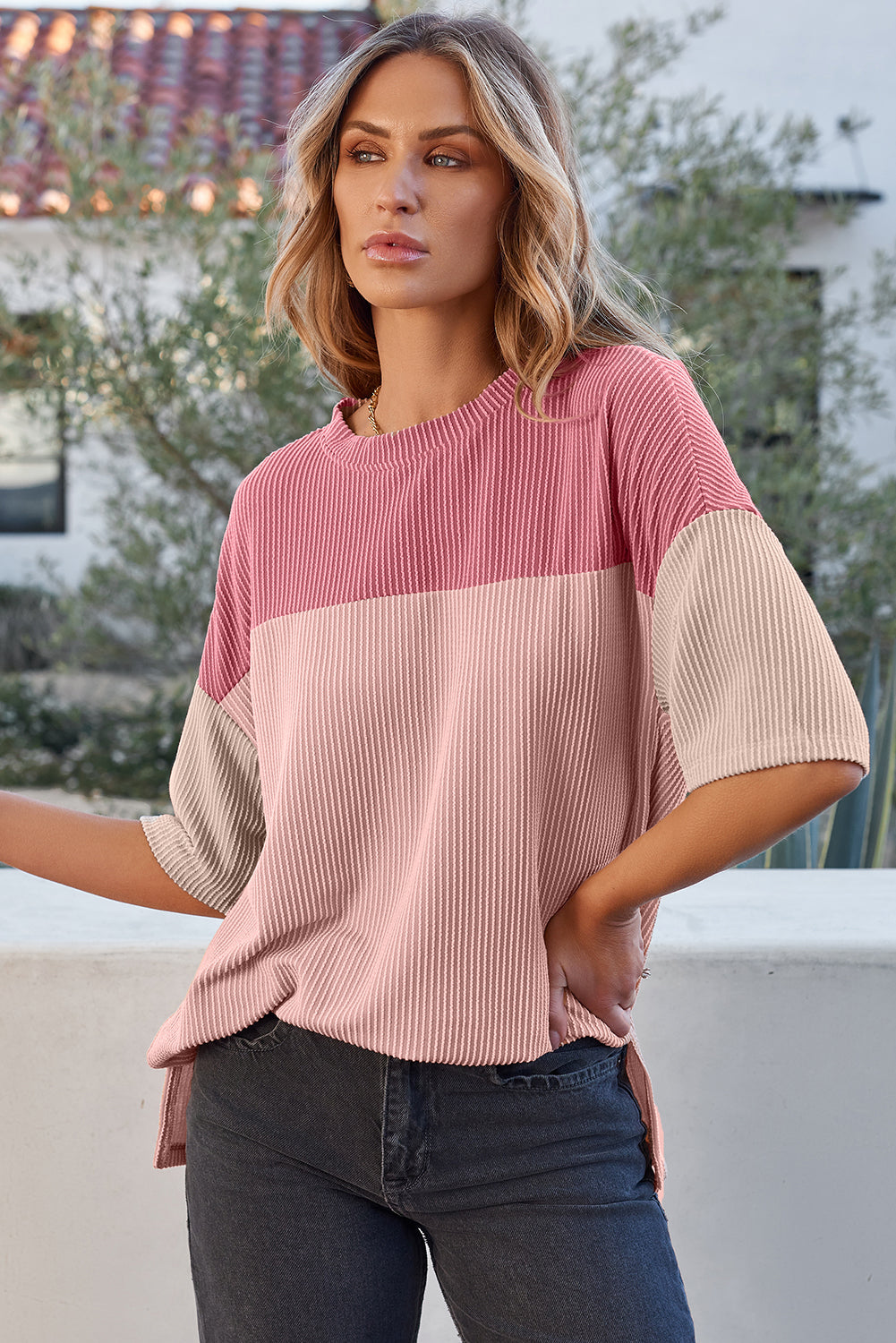 Color Block Ribbed Side Slits Half Sleeve Top