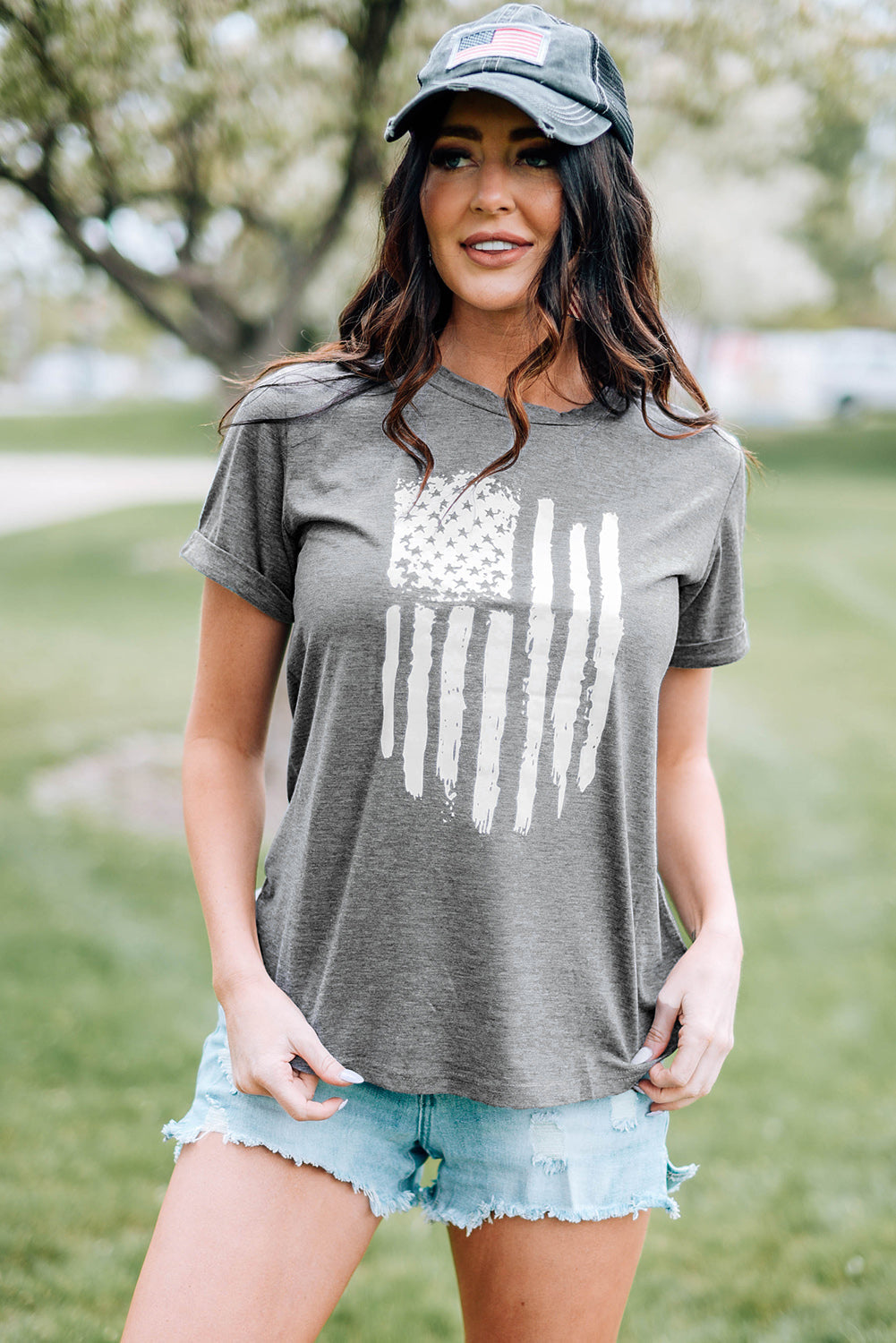 T-shirt for Women Crew Neck America Flag Print