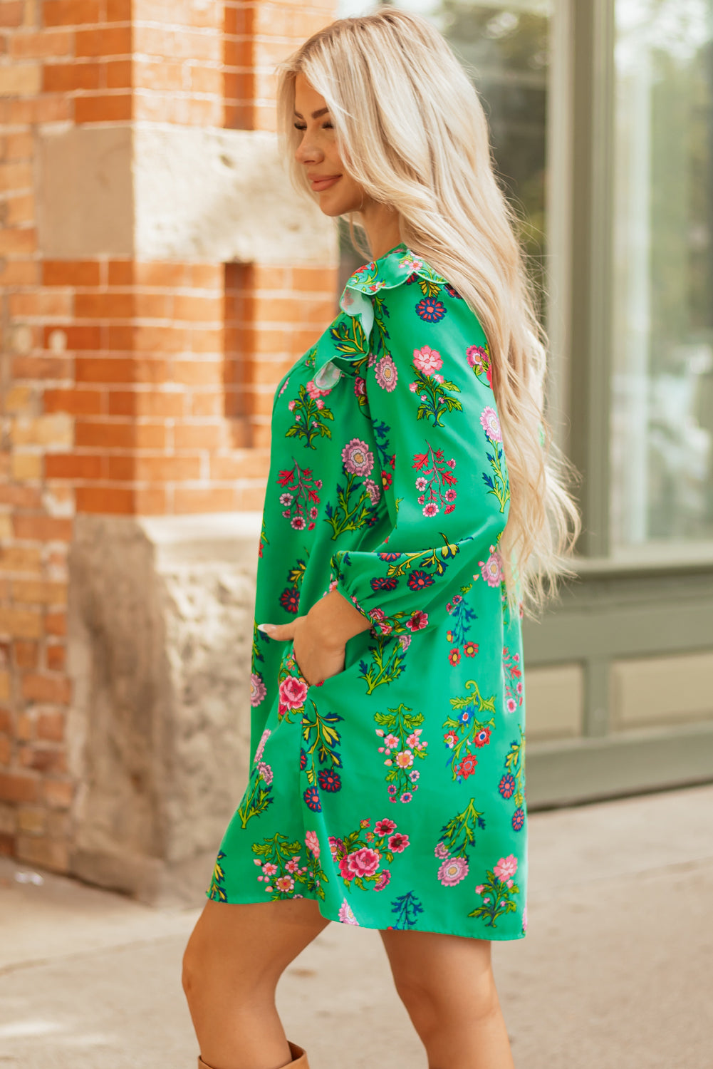 Floral Ruffled Three Quarter Sleeve Button-Front Mini Dress