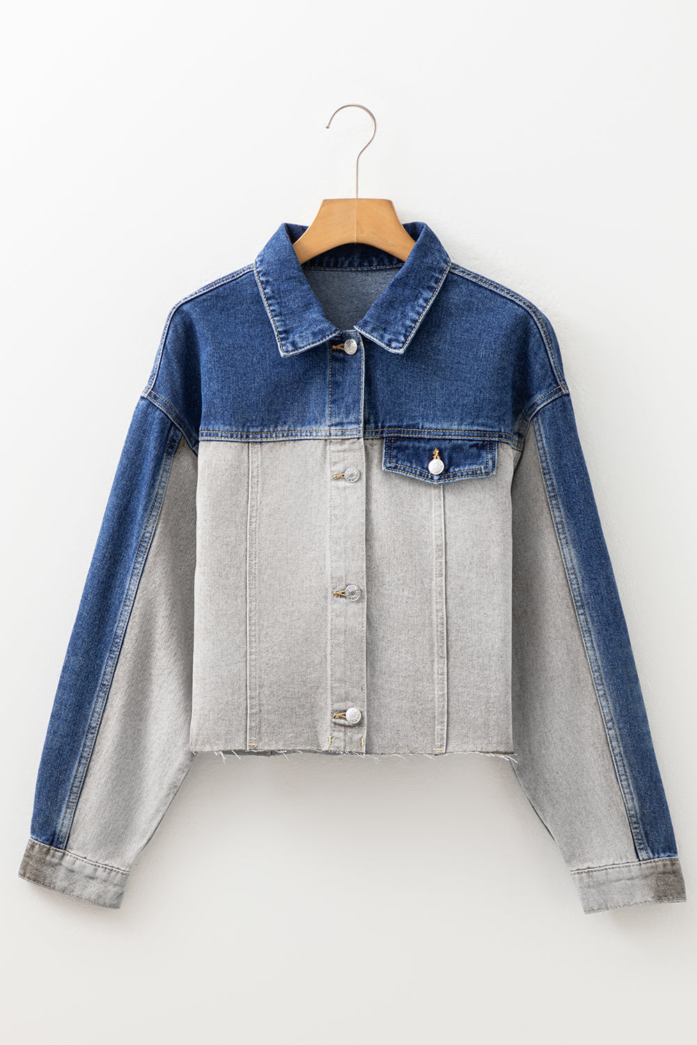 Flap Colorblock Patchwork Detail Distress Denim Jacket