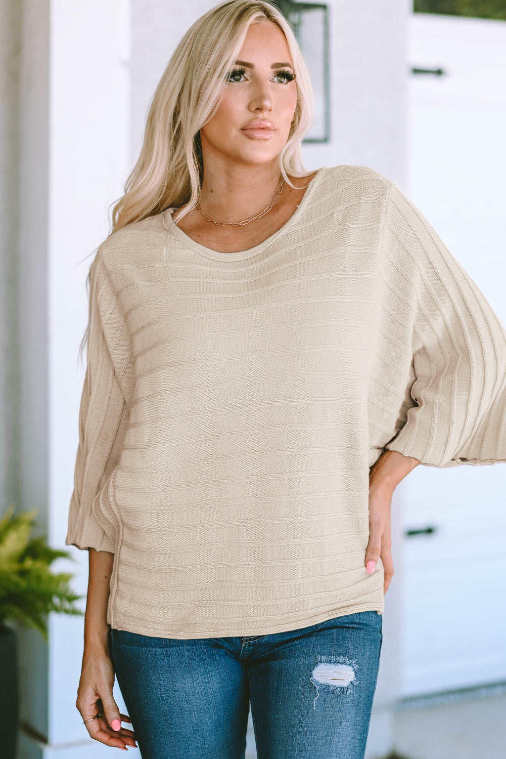 Sweater for Women Seam Rib-Knitted Knitted Dolman