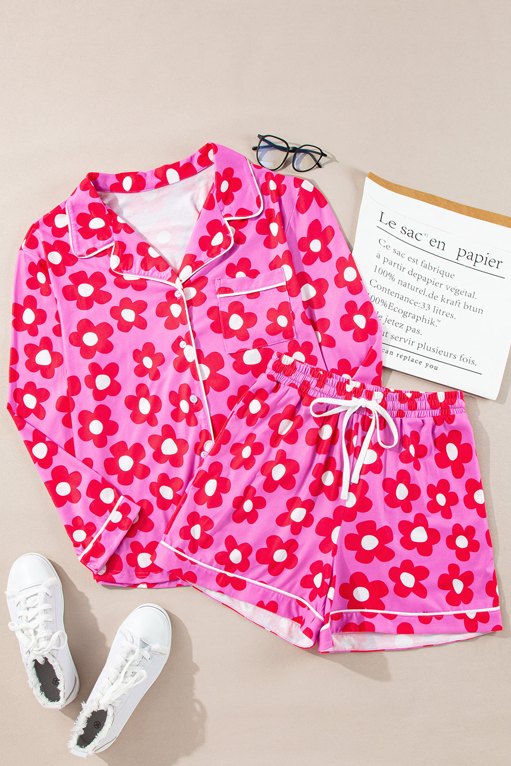 Long-Sleeved Flower Print Shirt Shorts Pajamas Set