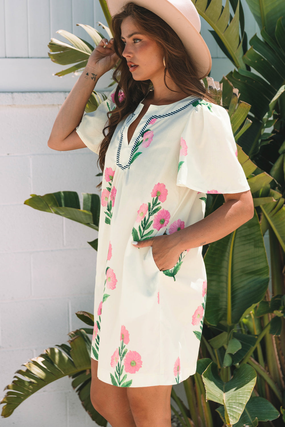 Floral Neck Short-Sleeved Split Loose Mini Dress