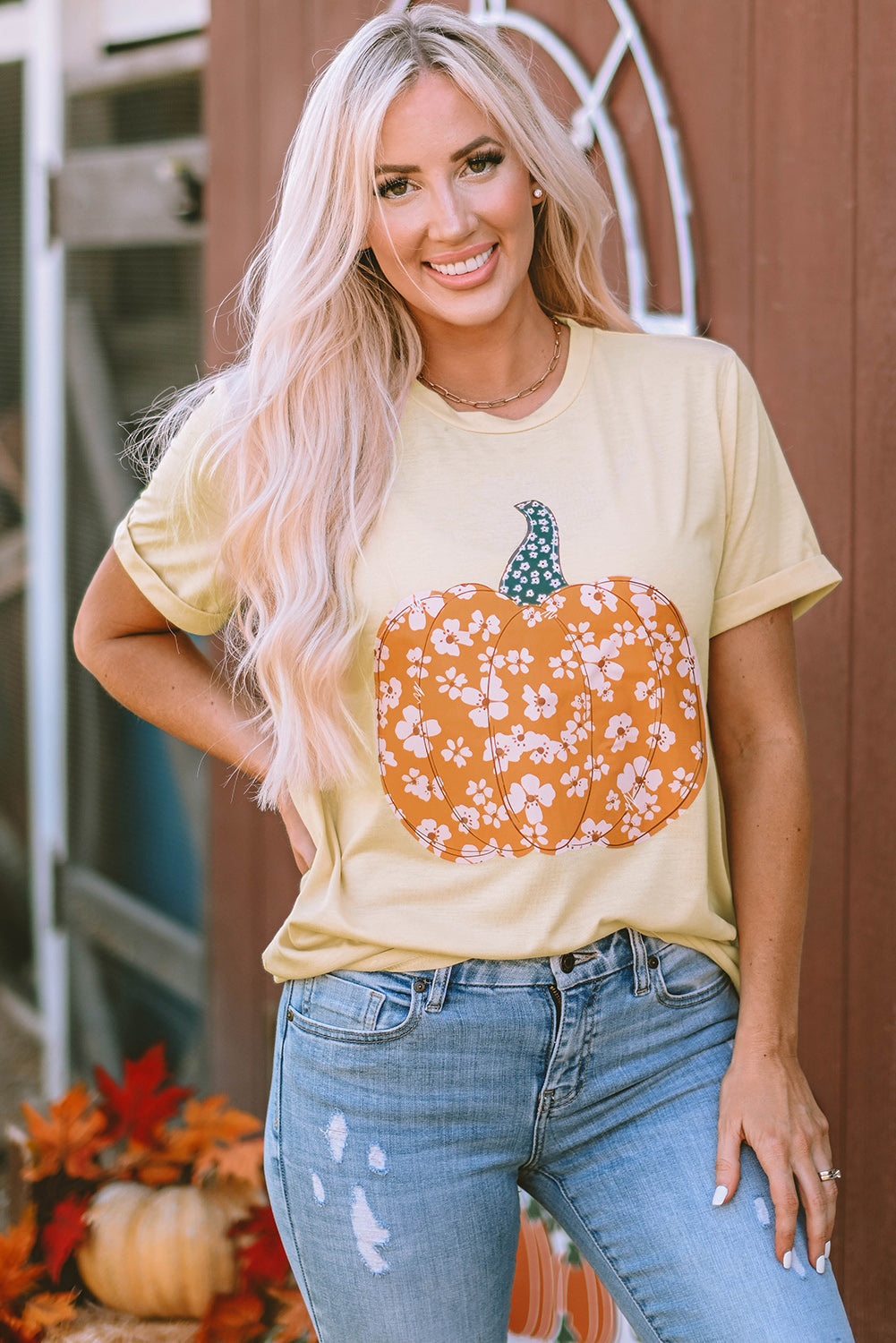 Women's Tee Featuring Sweet Floral-Print Pumpkin Graphic-Print