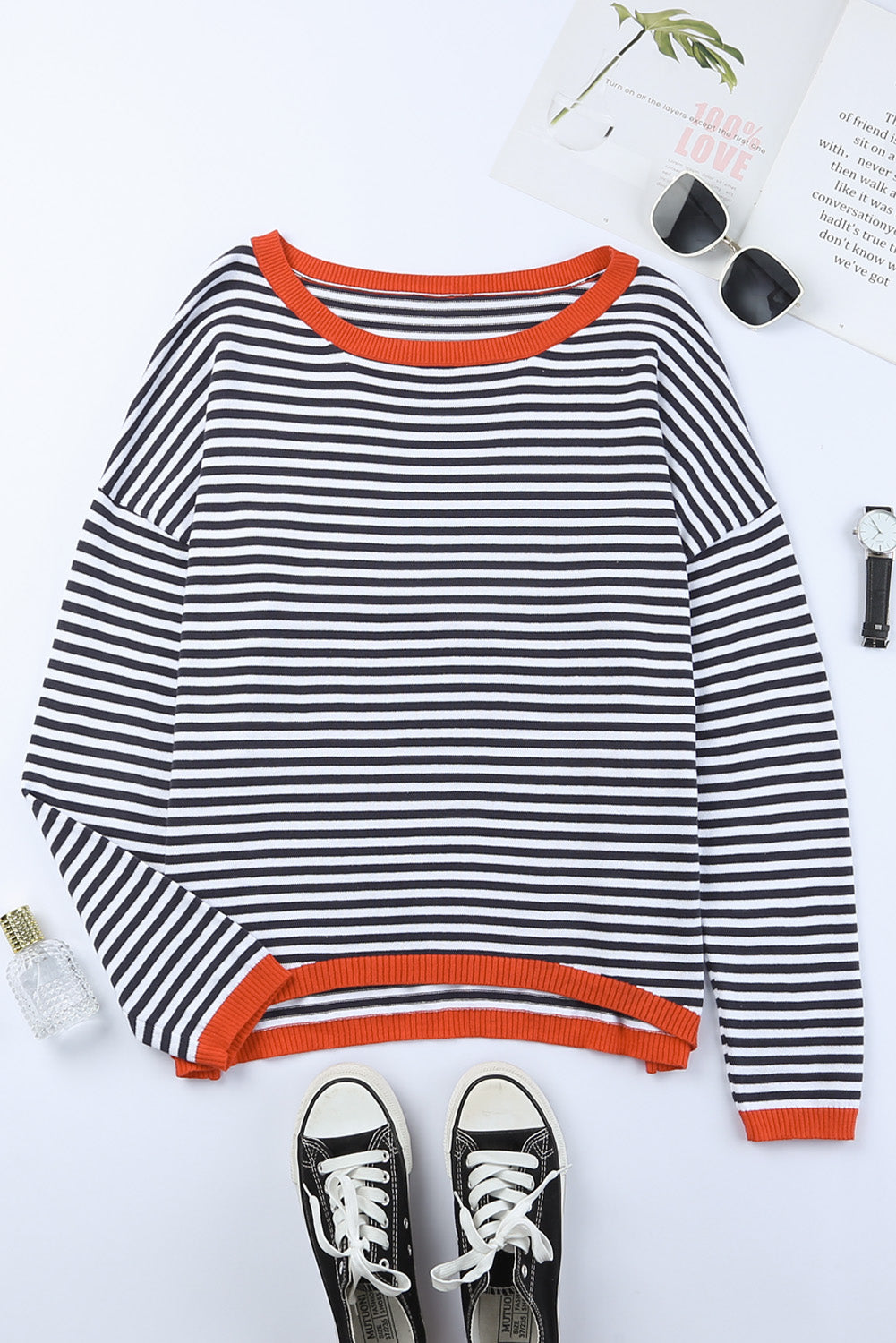 Women's Trimmed Dropped-Shoulder Striped Contrast Sweater