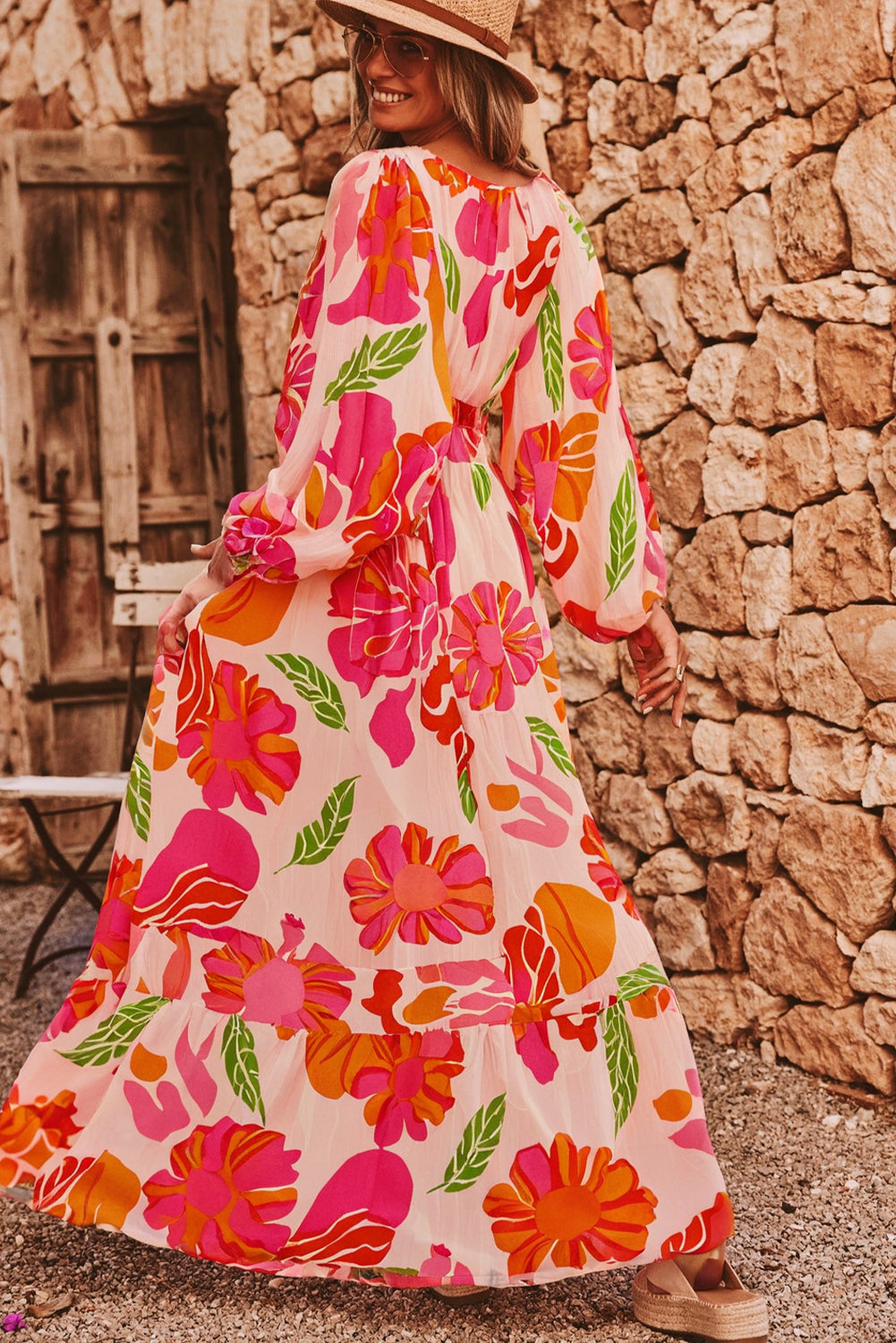 Floral-Print Smocked Detail V-Neck Puff Sleeve Flowy Maxi Dress