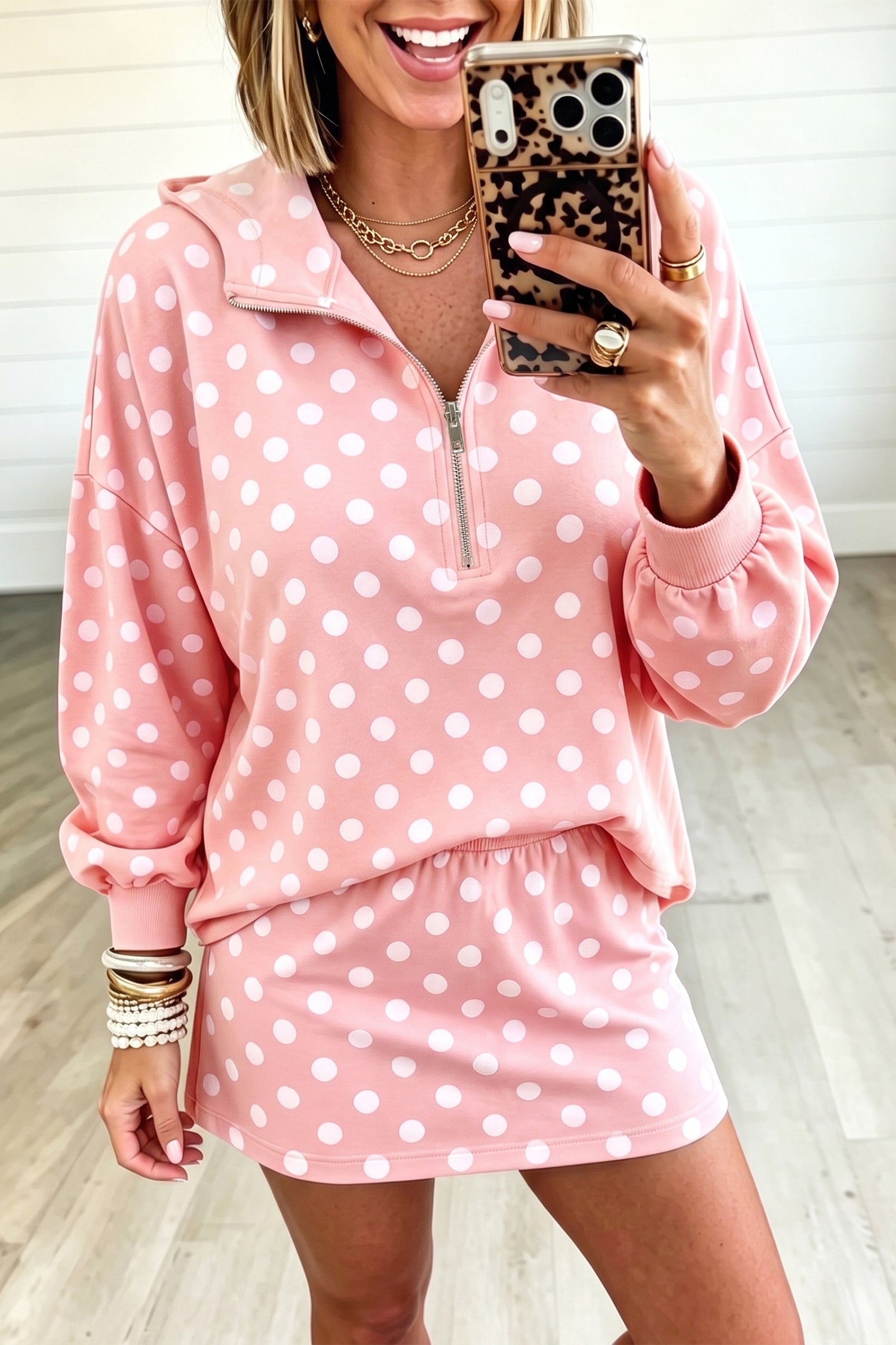 Polka-Dot Hooded Long-Sleeved Top Everyday Mini Skort Set in Pink
