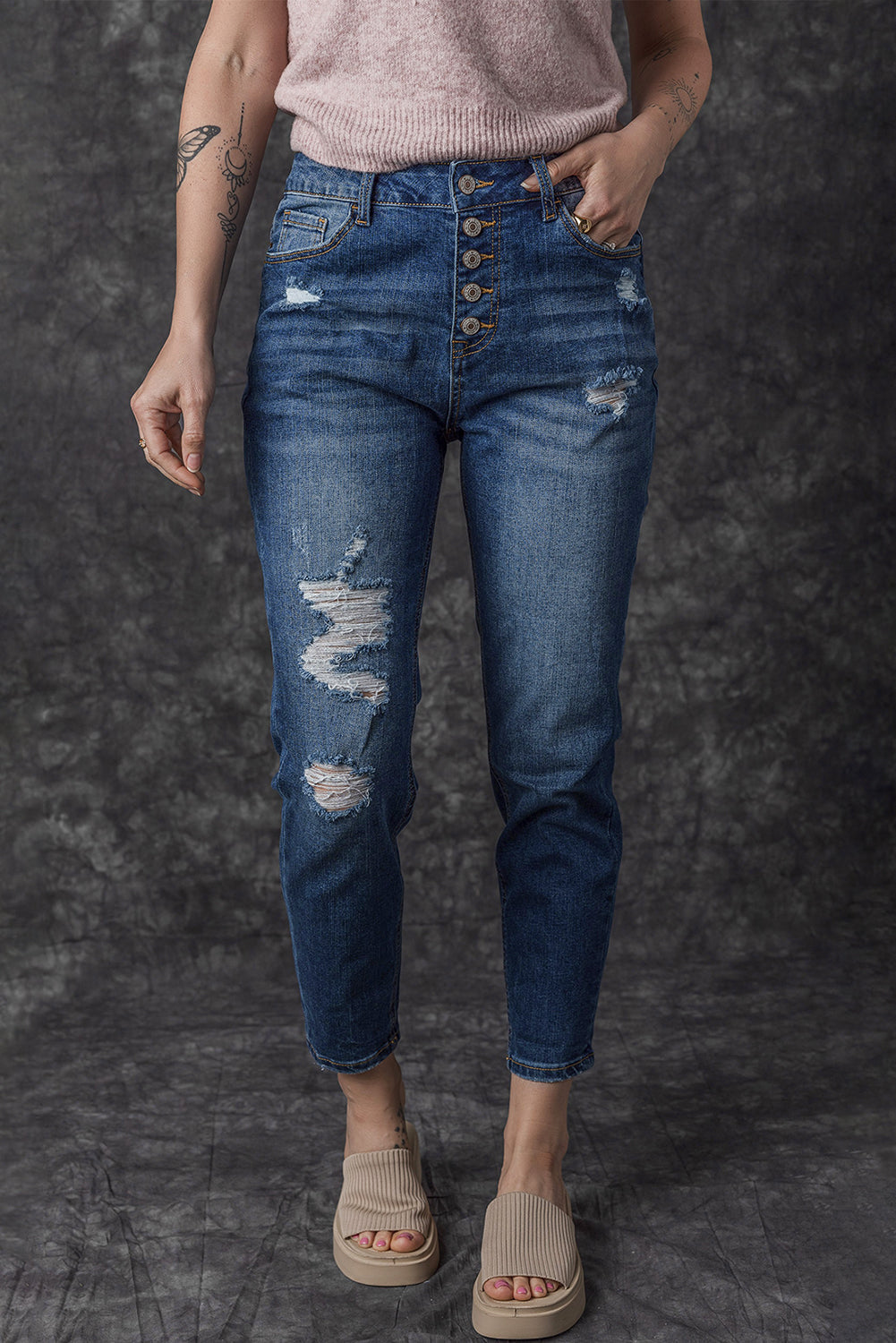 Women's Jeans Featuring Fly High-Rise Distressed Button