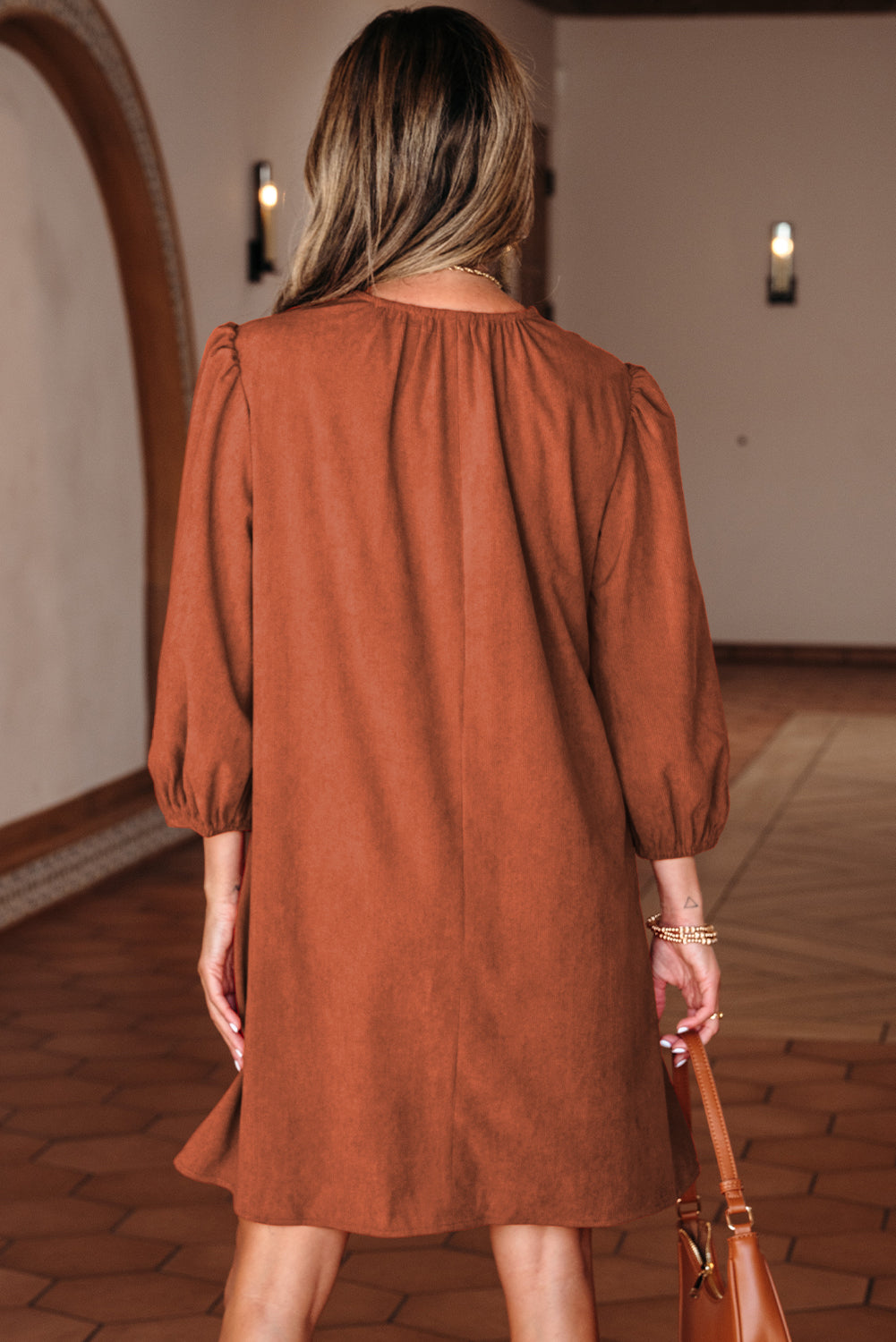 Split Bracelet Sleeve Neck Scallop Detail Pleated Corduroy Mini Dress
