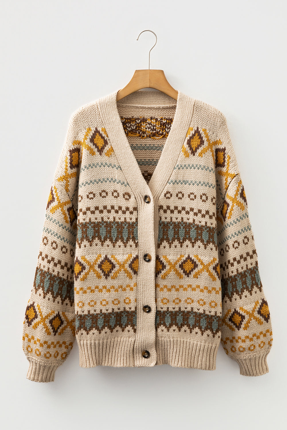 Pattern Knit Western Knit Button V-Neck Cardigan Knit Top in Khaki