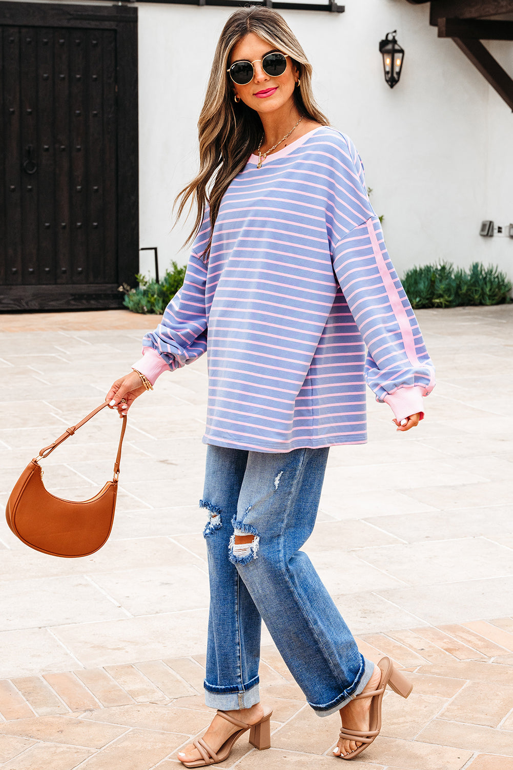 Stripe Trim Oversize Contrast Cotton Everyday Top in Sky Blue
