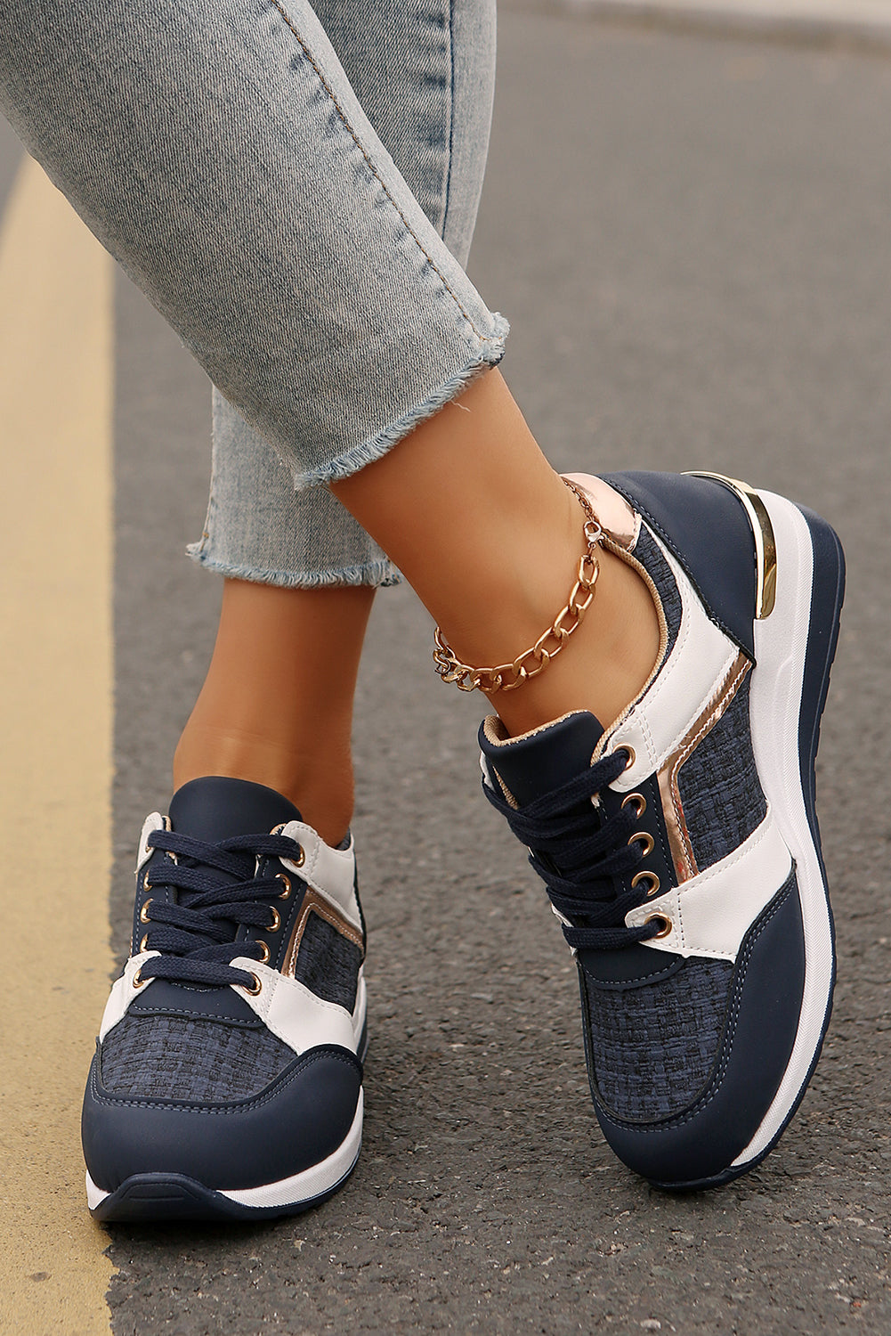 Glitter Patched Lace-up Wedge Sneakers Style