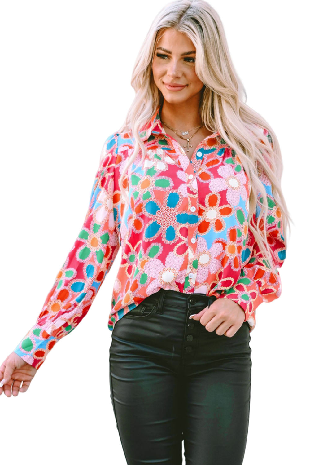 Women's Shirt with Floral-Print Print Bubble Sleeve