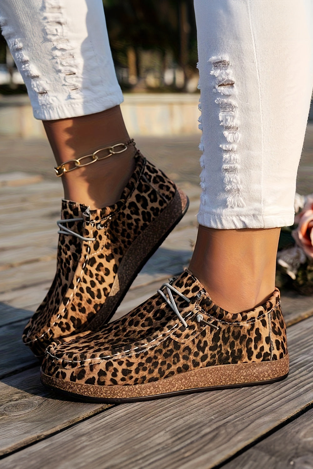 Leopard Lace-up Faux Suede Decor Slip On Shoes
