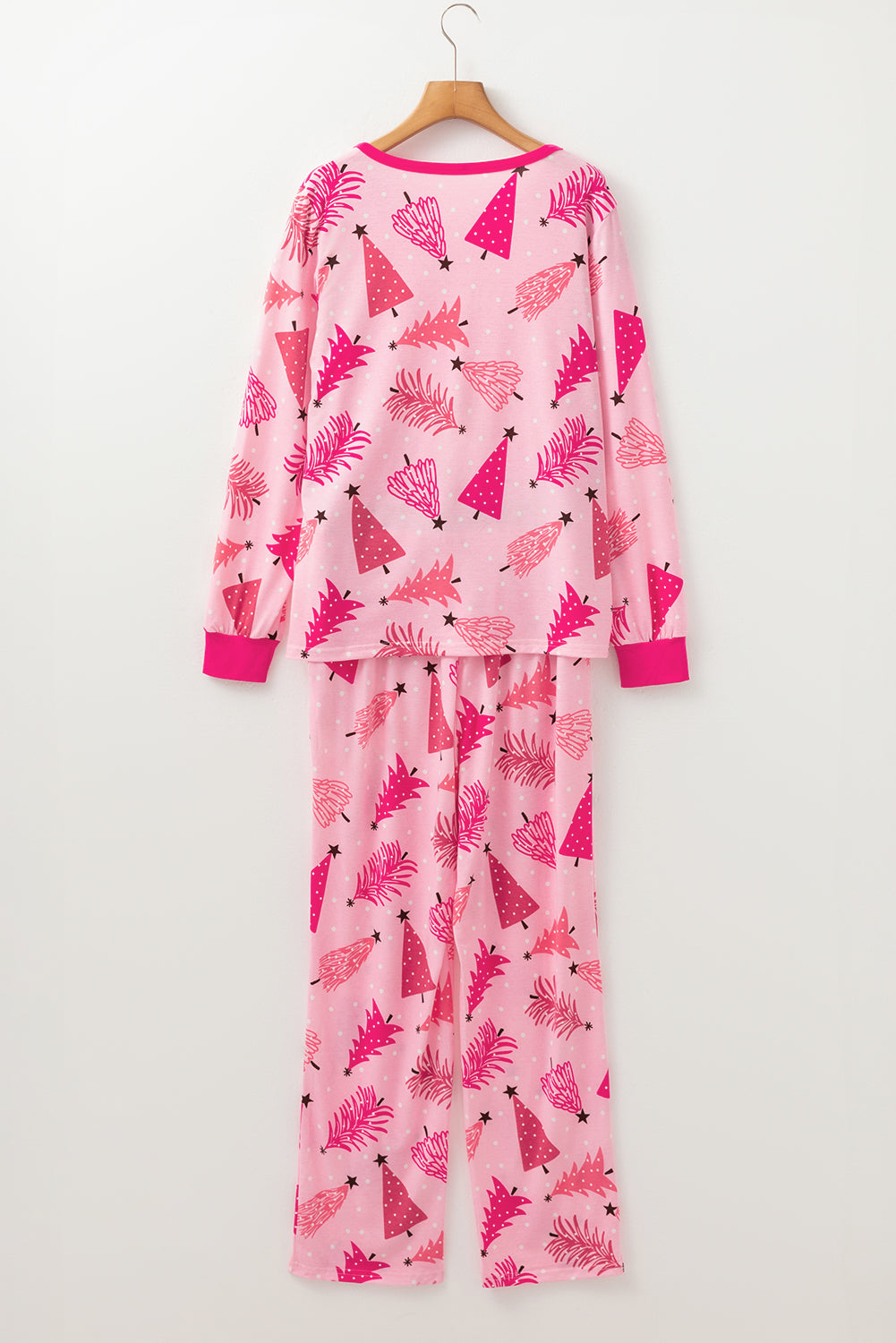 Tree Print Christmas Print V-Neck Button-Front Pullover and Drawcord Pants Lounge Set