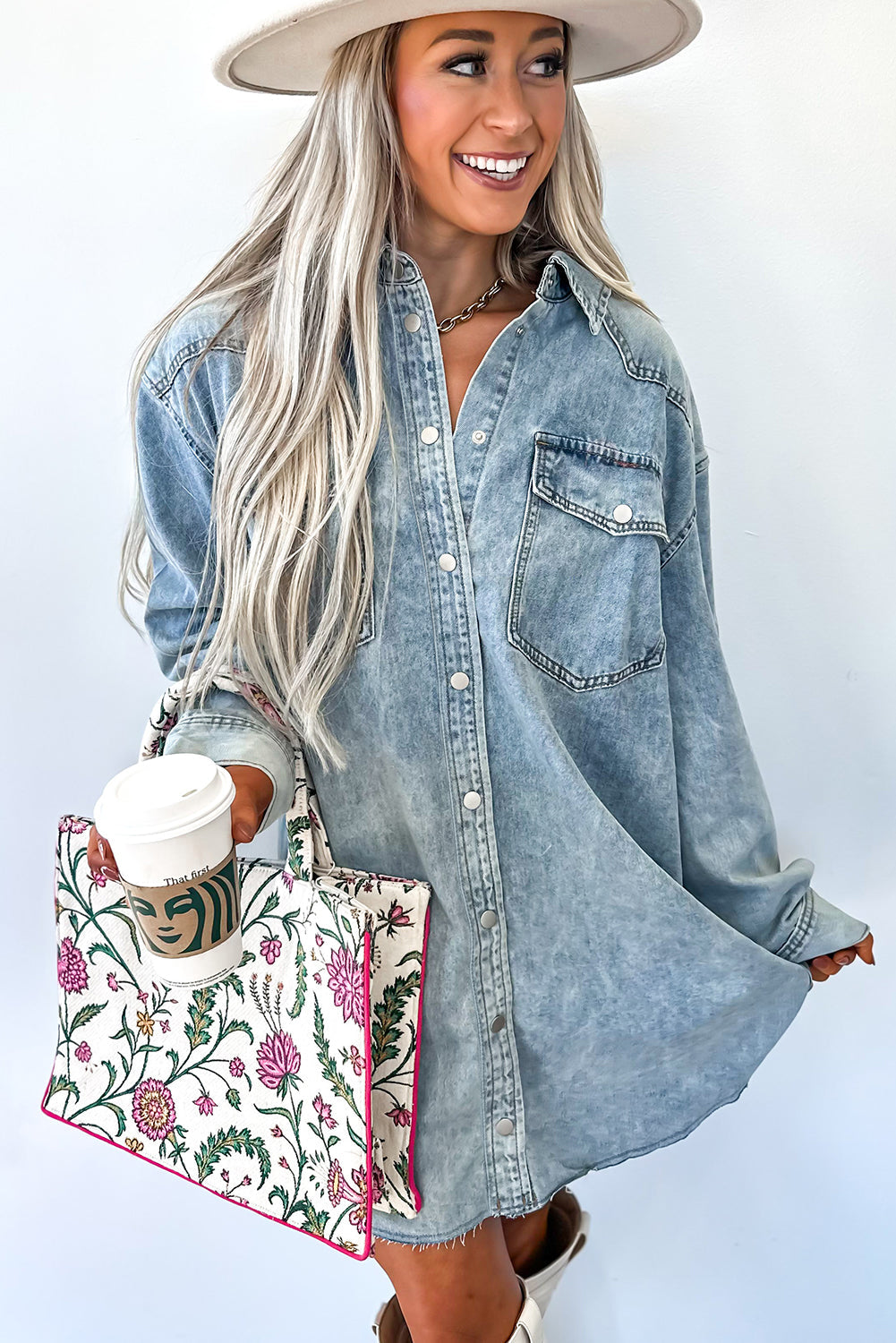 Chest Hem Pocket Raw Denim Loose Shirt Dress
