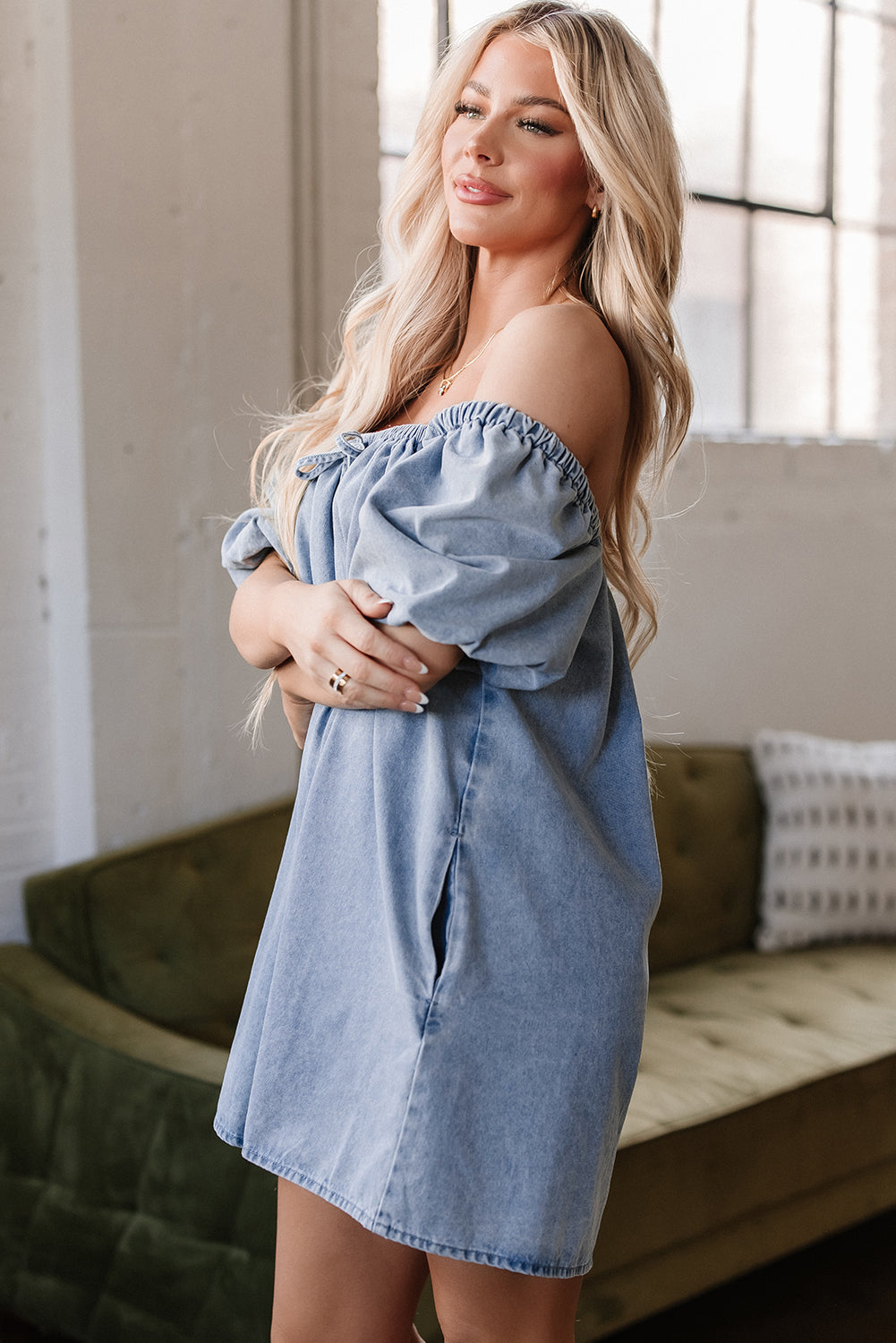 Bubble Neck Sleeve Square Denim Babydoll Dress